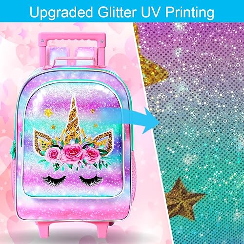 Miniatura 5 de CCJPX Mochila escolar con ruedas de unicornio de 3 piezas para niñas, juego de mochila escolar con ruedas enrollables de 18 pulgadas, bolsa escolar