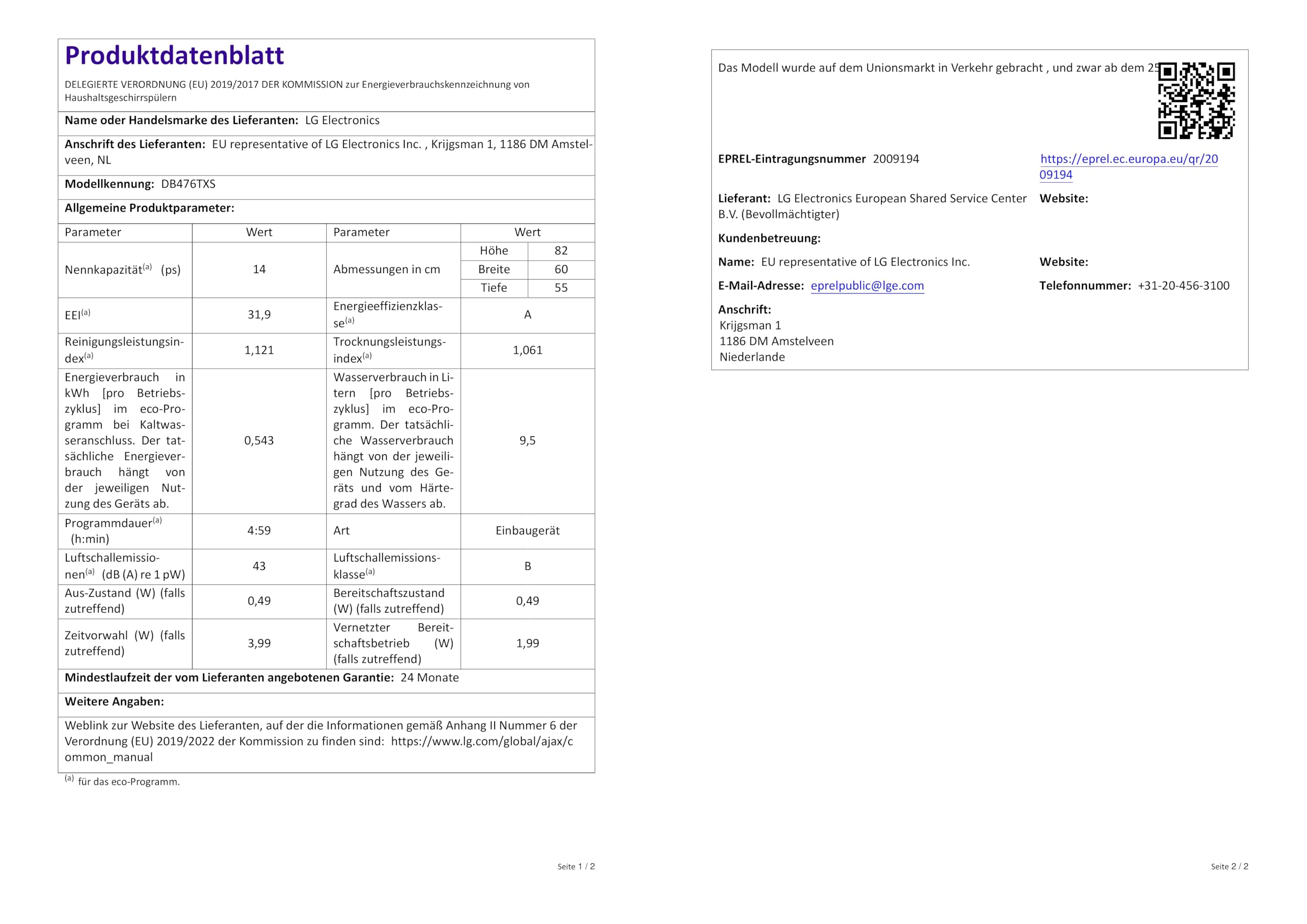 LG DB476TXS Geschirrspüler 43 dB Energieklasse A Dampf ThinQ Silber