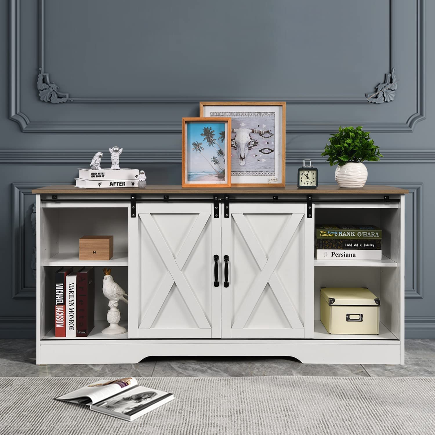 Farmhouse Coffee Bar with Storage, White Sideboard Farmhouse Buffet with 60 Inch