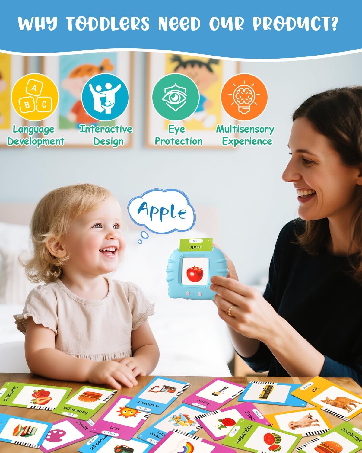 224 Words English Talking Flash Cards with Music, Montessori Educational Learning Kid Toddler Toys, Pocket Speech Therapy and Autism Easter Birthday Sensory Toys for Girls Boys