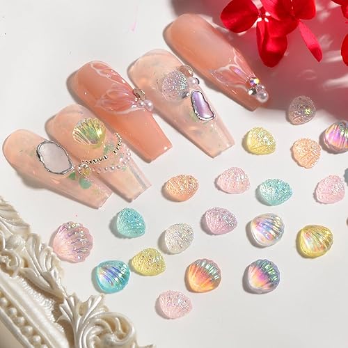 Miniatura 7 de MEILINDS Dijes de resina para uñas de concha de mar, sirena iridiscente, 3D, encantos de uñas con temática oceánica de verano, diamantes de