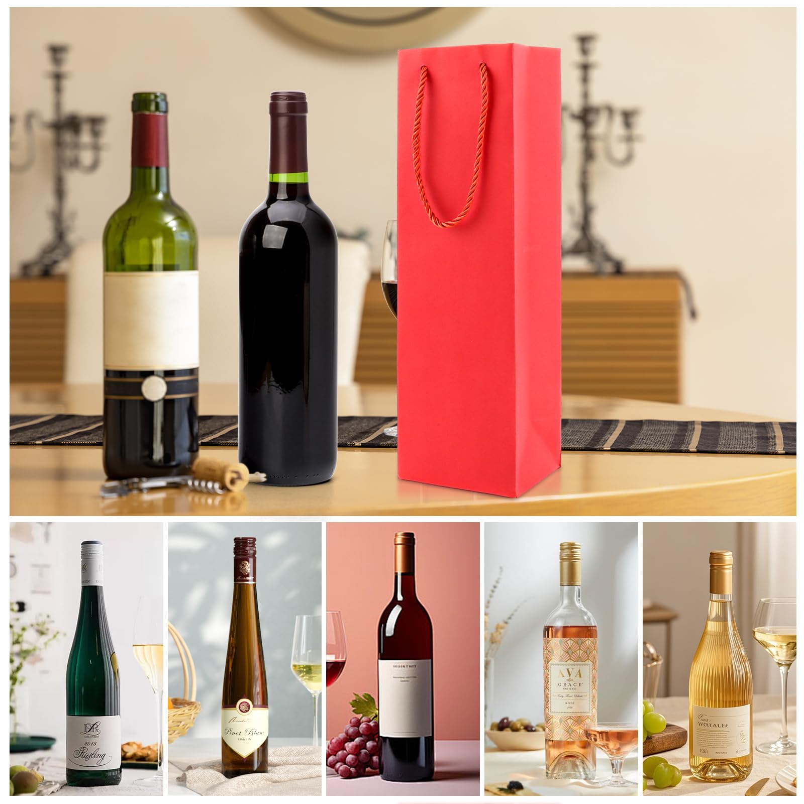 DAJAVE 30 Sacchetti regalo per vino in carta kraft, Shopper porta bottiglia vino Buste con manici, sacchetti per vino in carta kraft per Natale, matrimoni, feste (Rosso)