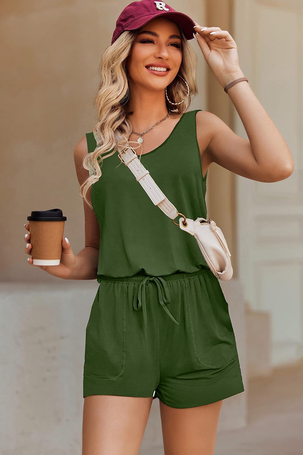 ADOME Rompers for Women Summer Sleeveless Scoop Neck Tank Top Casual Short Jumpsuit Rompers with Pockets - Image 4