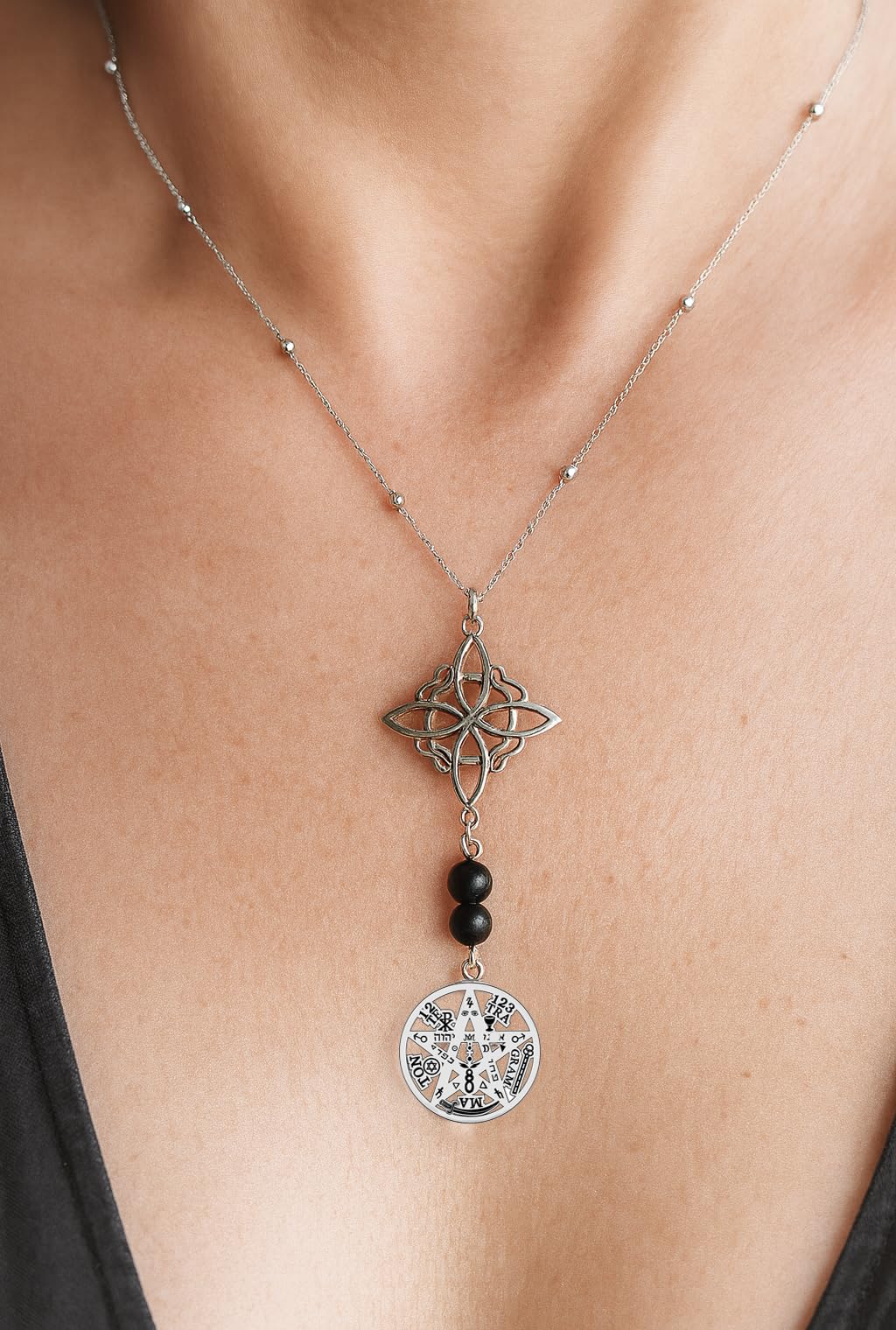 Tetragramatón Acero Inoxidable con Cadena y nudo de brujas– doble protección nudo de bruja y tetragramaton -amuletos de la suerte y proteccion. Amuleto de Protección Energética,turmalina natural.