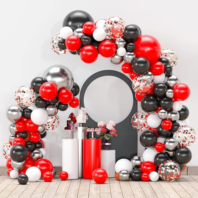 Black and Red Balloon Garland Kit Red Black White Metallic Silver Confetti Balloons Arch for Baby Shower Graduation Circus Pirate Birthday Party Decorations