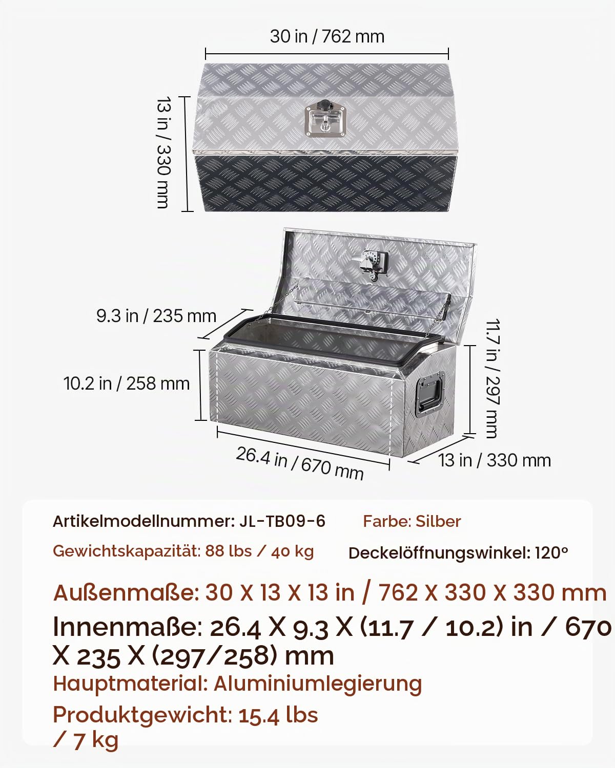 VEVOR Werkzeugkasten aus Aluminium für die Ladefläche, gestreifte Werkzeugkiste (762 x 330,2 x 330,2 mm) mit seitlichem Griff & T-Lock-Schlüssel, Aufbewahrungs-Organizer für Anhänger Silber