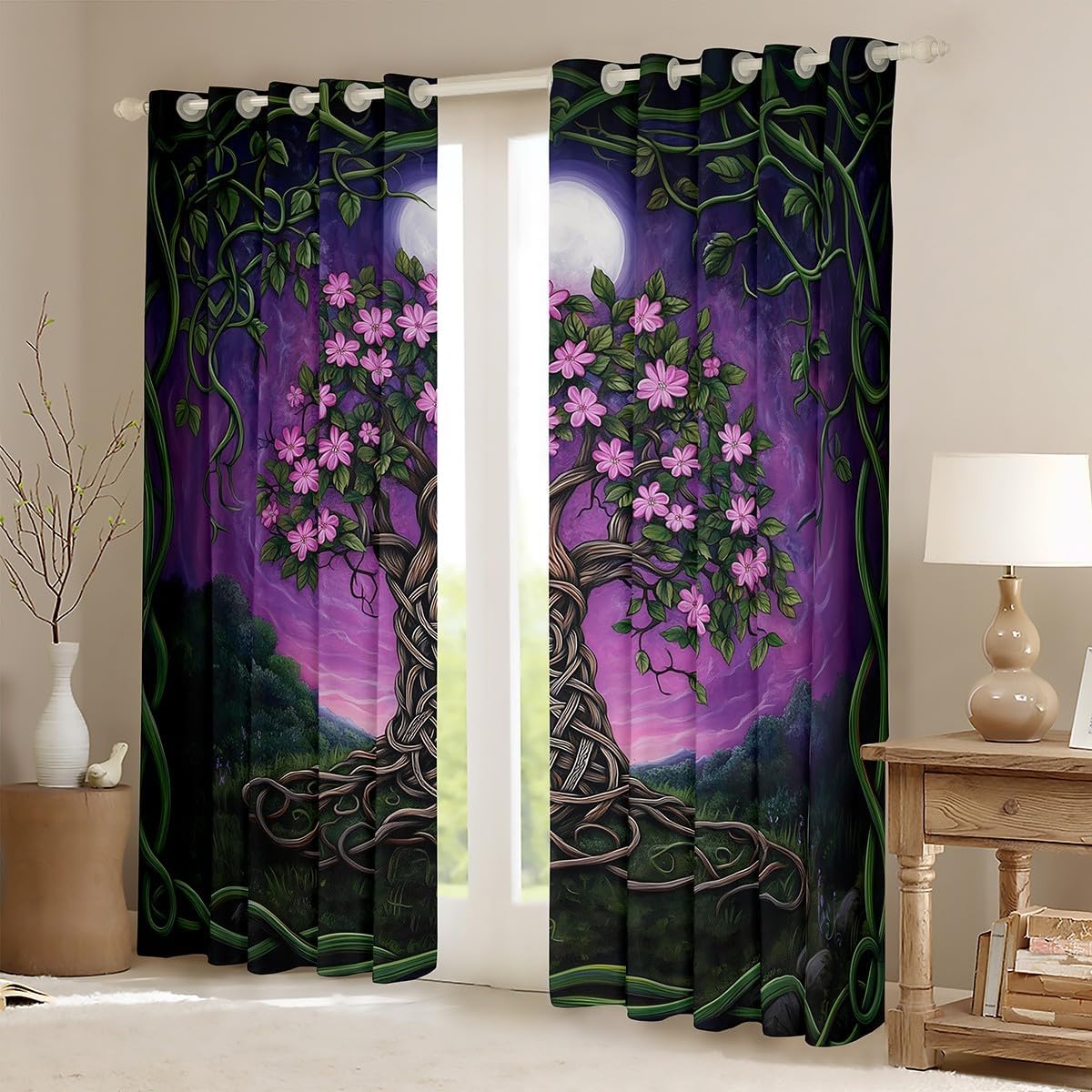 Flower Life Tree Window Curtains Nature Botanical Leaves Darkening Blackout Curtains Pink Watercolor Floral Window Treatments Tree of Life Grommet Top 2 Panel Set Drapes,38Wx45L