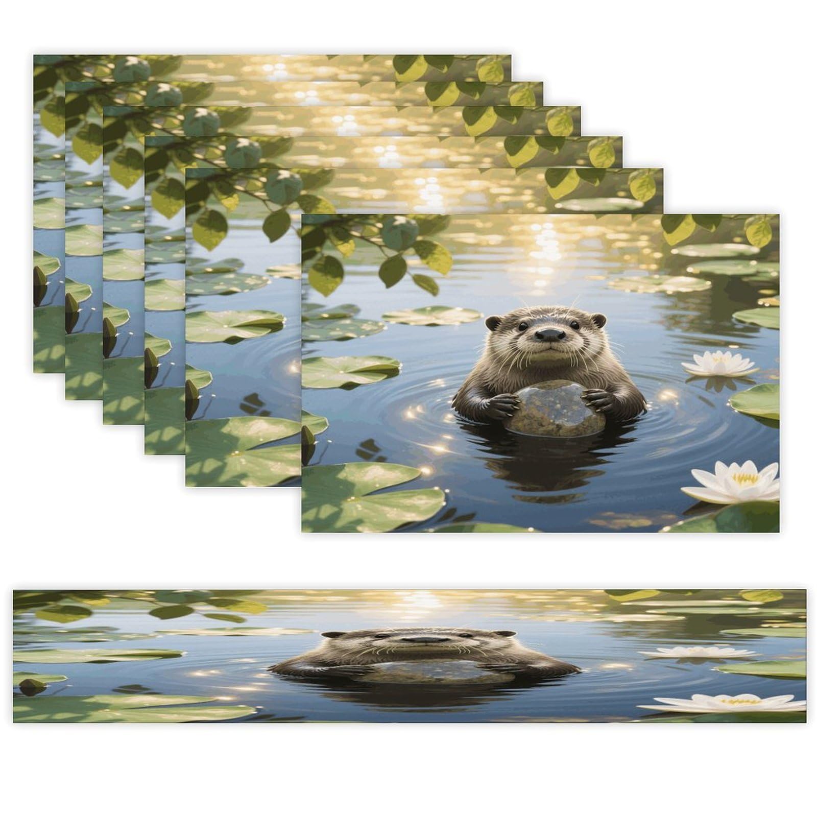 Otter Table Runner and Placemats Set of 7 Linen Table Mat Non-Slip Place Mats Washable Placemat Heat Resistant Place Mat with Table Runner for Party Dining Decor