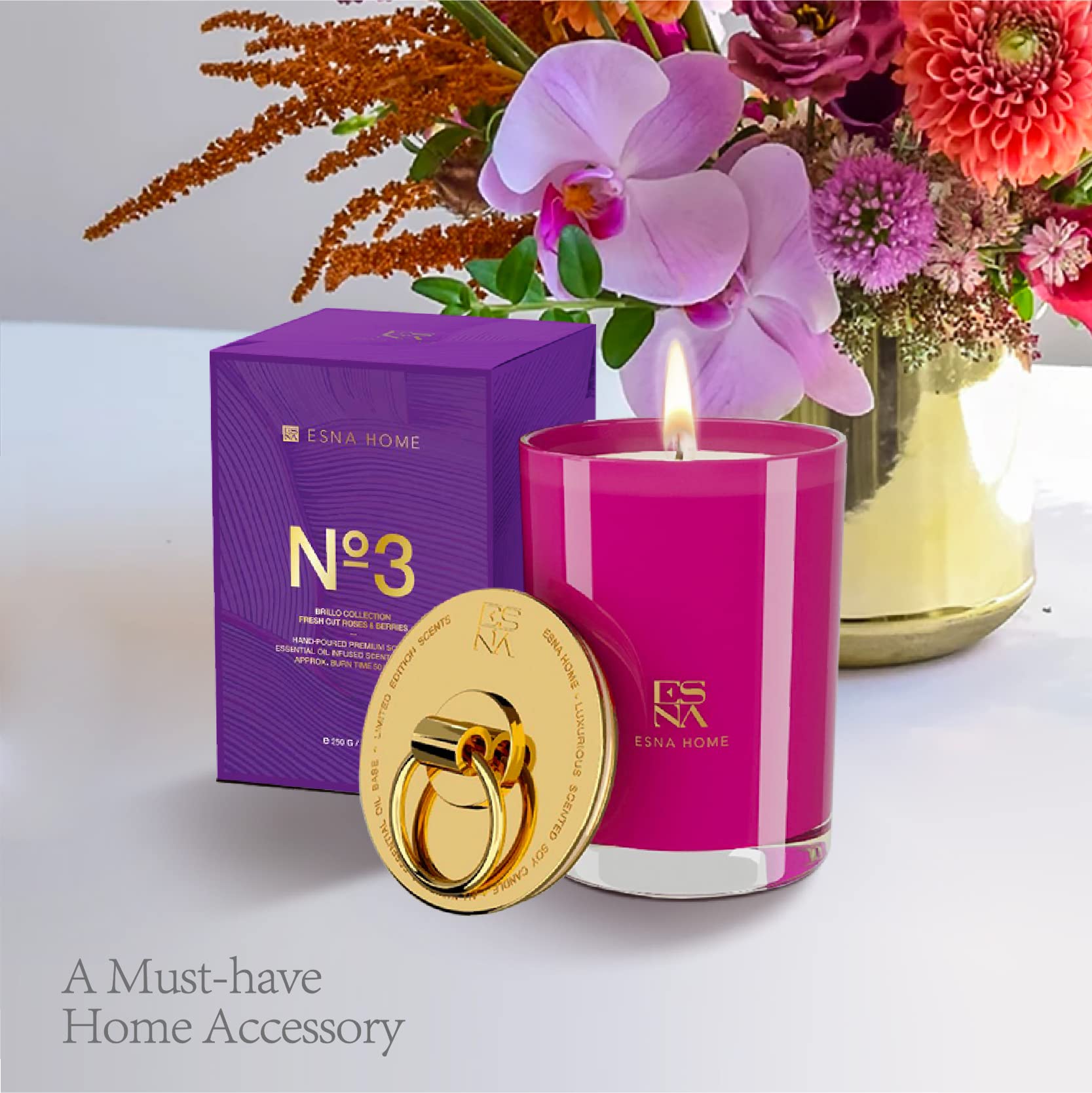 ESNA HOME 250 ml zapachowa świeca sojowa, wykonana z ręcznie nalewanego naturalnego wosku sojowego ze skoncentrowanymi świeżo ciętymi różami i jagodami, z metalową pokrywką pokrytą 18-karatowym złotem