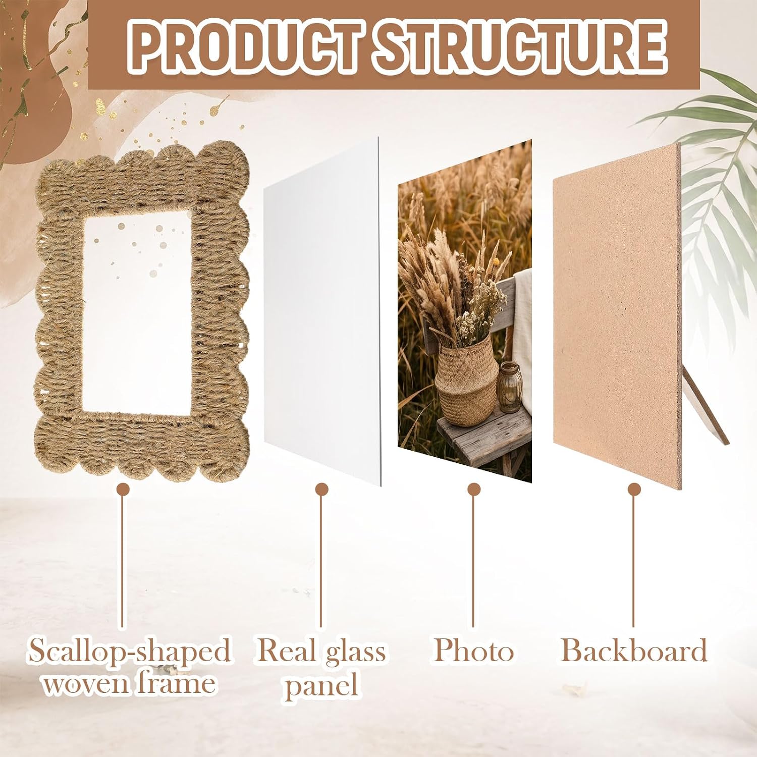 Condition photo showing As Is for aceorbit 3 pcs rattan picture frame 5x7 boho scalloped natural coastal handmade wicker photo frames with woven rope border glass front rustic farmhouse tabletop wall decor wedding housewarming gift