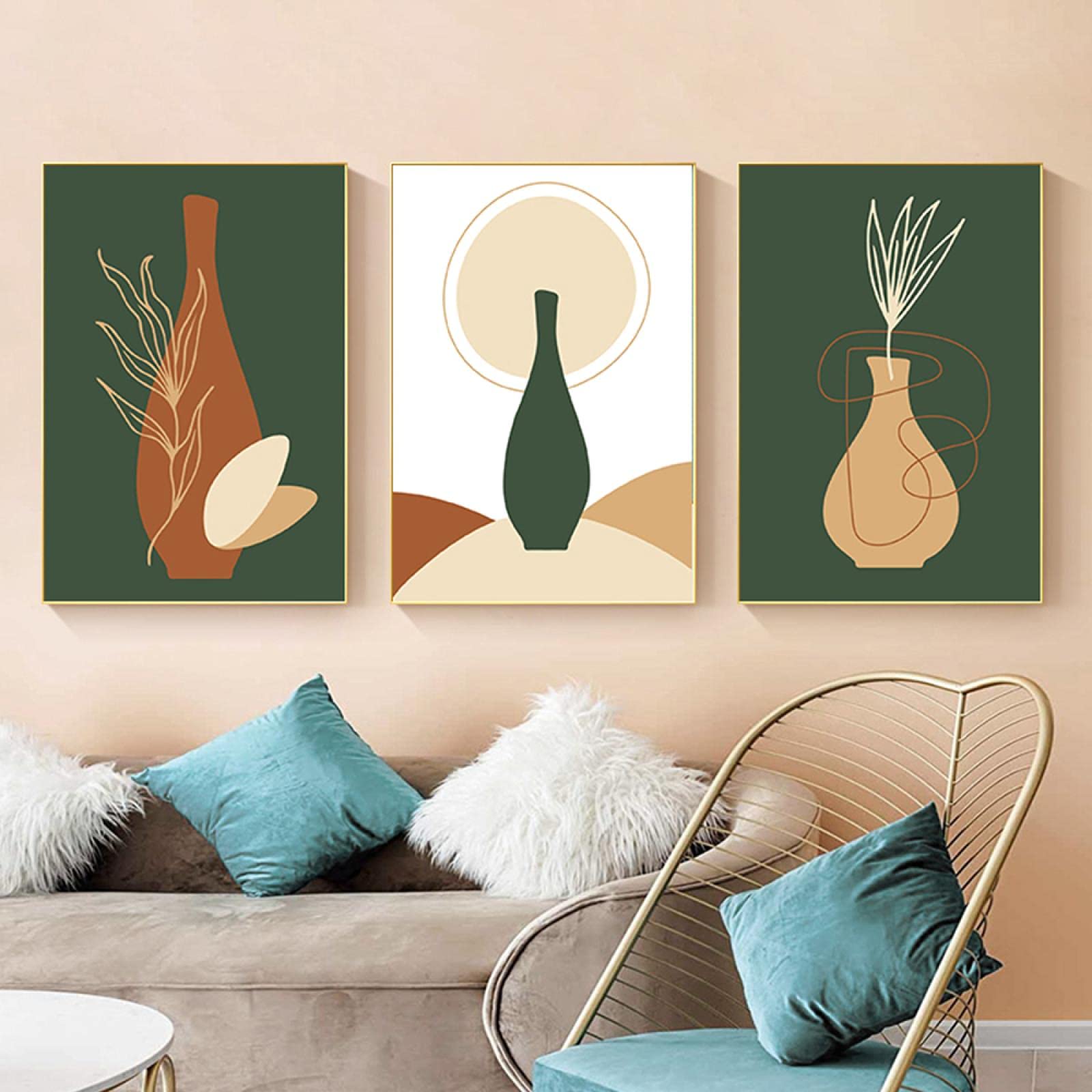 Quadri murali artistici Poster-Linea astratta Foglia di pianta Nordic Poster e stampe Pittura boho per la decorazione del soggiorno 32 "x 48" (80x120 cm) X3 Senza cornice
