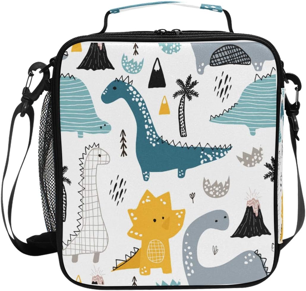 Mnsruu Childish Cute Dinosaur Lunch Bag with Adjustable Shoulder Strap for Boys Girls,Insulated Lunch Box Cooler Bag for School Office Travel