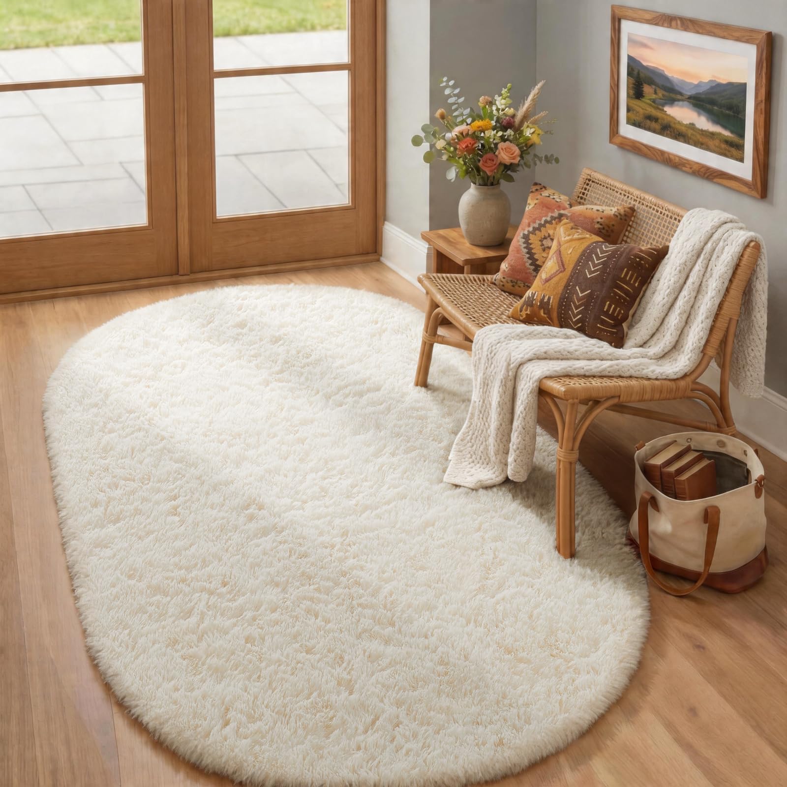 Photo 1 of Ophanie 4x6 Oval Ivory Rugs for Bedroom Living Room, Fluffy Fuzzy Furry Carpet, Plush Soft Shaggy Bedside Indoor Floor Area Rug for Kids Girls Boys Baby Teen Dorm Nursery Home Decor Aesthetic