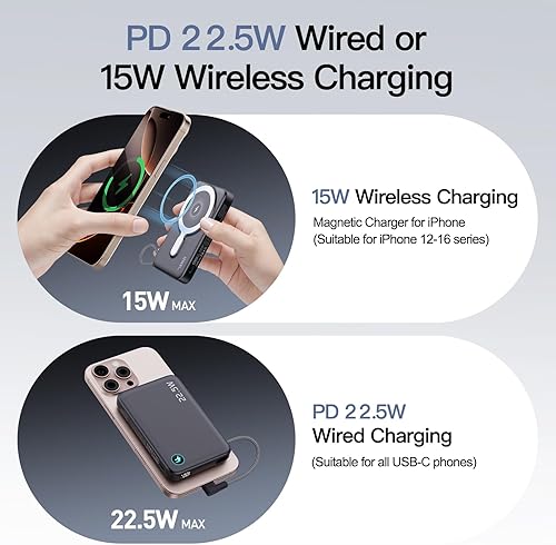 Miniatura 4 de Banco de energía inalámbrico M3 Ultra Slim de 0.4 pulgadas, cargador portátil magnético de 12800 mAh con cable y correa integrados, paquete de