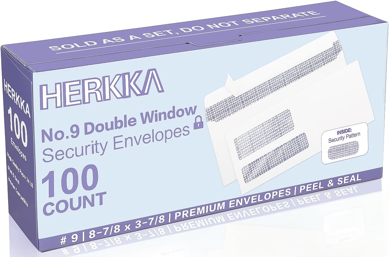 #9 Double Window Security Envelopes, HERKKA No.9 Double Window Business Envelopes Designed for Quickbooks Invoices and Business Statements - Number 9 Size 3 7/8 Inch X 8 7/8 Inch - 24 LB - 1000 Pack