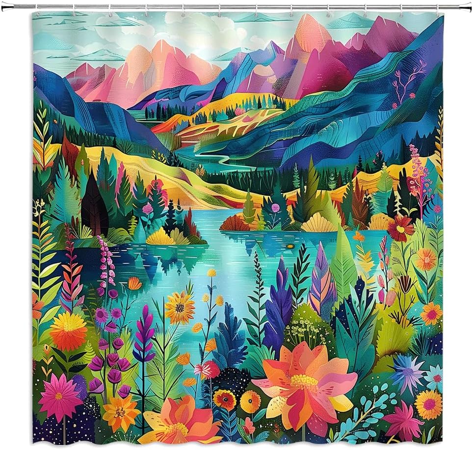 Abstract Mountain Shower Curtain Colorful Floral Leaves Lake Forest Watercolor Art Painting Nature Landscape Fabric Bathroom Decor Curtains with Hooks,70 x 80
