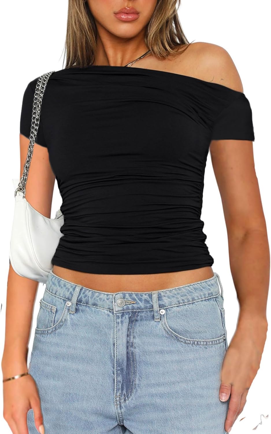 Ladies’s Y2K Slim Match T-Shirt Crop Tops Informal Stable Shade Brief Sleeve Crew Neck Tight Fundamental Shirt Tee Tops Membership Get together Streetwear