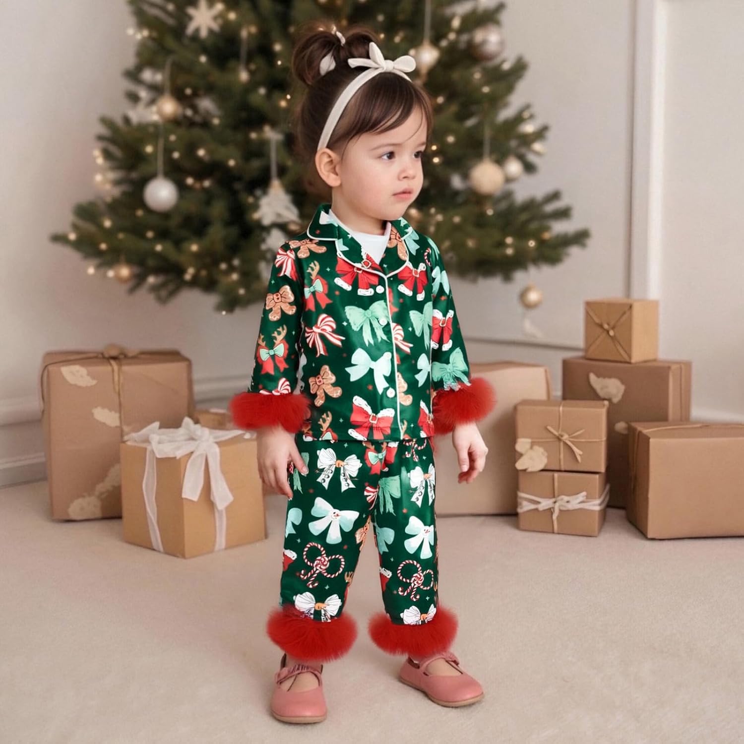 Hnyenmcko Toddler Baby Girl Christmas Satin Pajamas Fuzzy Trim Long Sleeve Santa/Bow Print Button Shirt Pants Kids Pjs Set