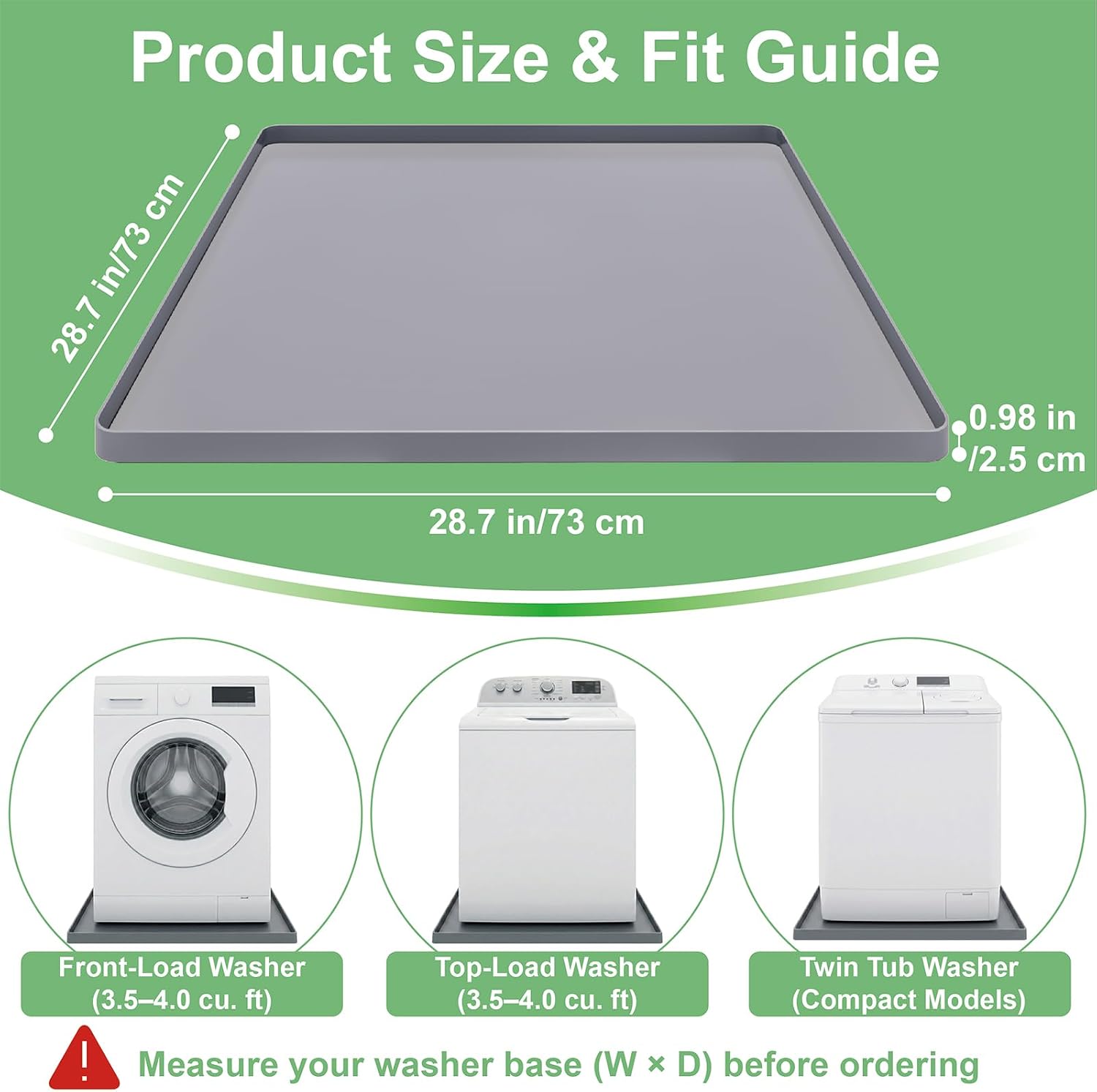 28.7x28.7 Inch Silicone Washing Machine Drain Pan – Fits Washers up to 28” x 28” Base, Best for 3.5–4.0 cu. ft., Waterproof Leak Protection Mat, Anti-Vibration Floor Protector, Grey