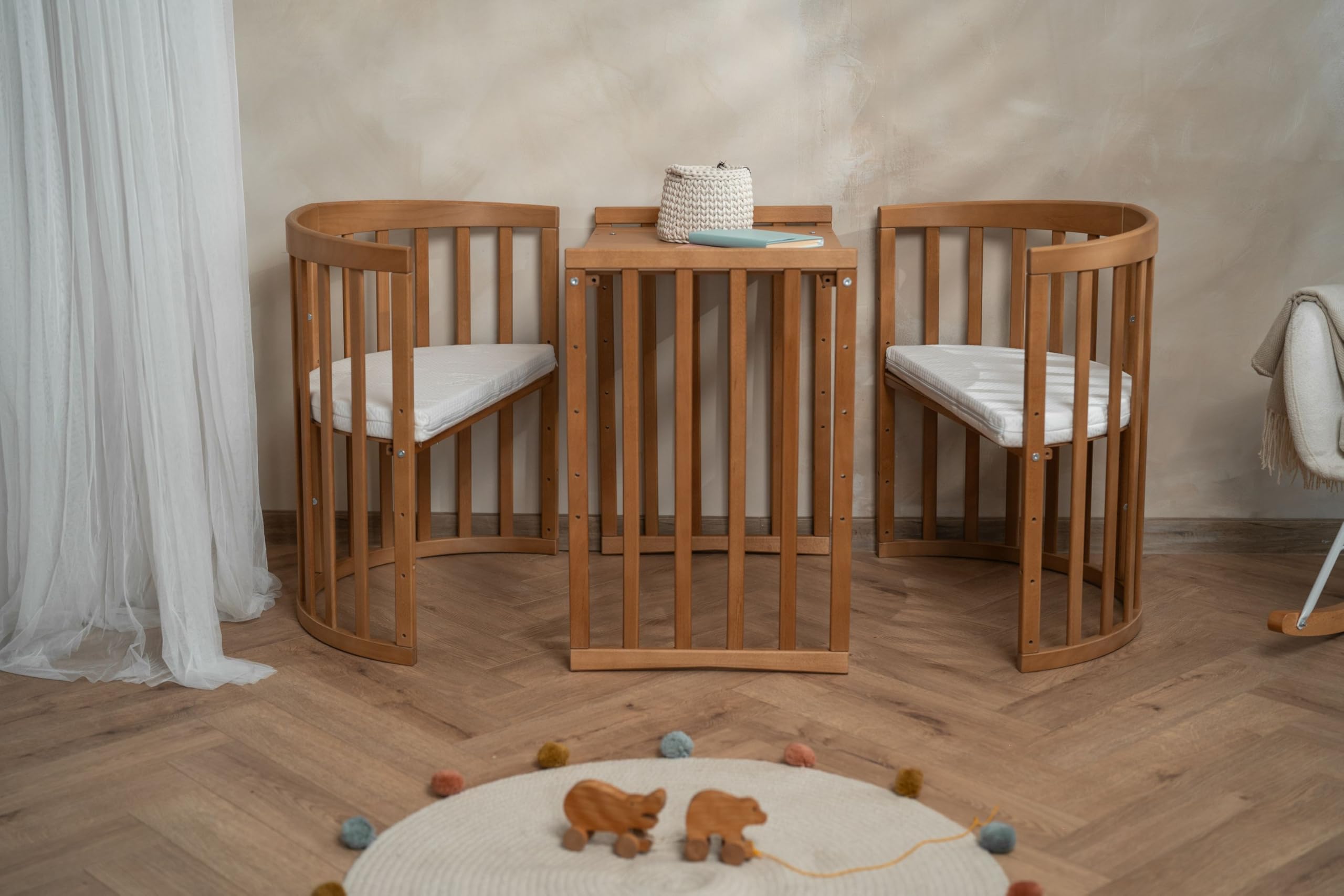 waldin Cuna Ovalada 7en1, Colchón y Ruedas, con Estante, Madera Vintage | Sin Juego de Textiles, de Crecimiento, Cama para Bebé, Colecho de Madera, Evolutiva, Mecedora Opcional