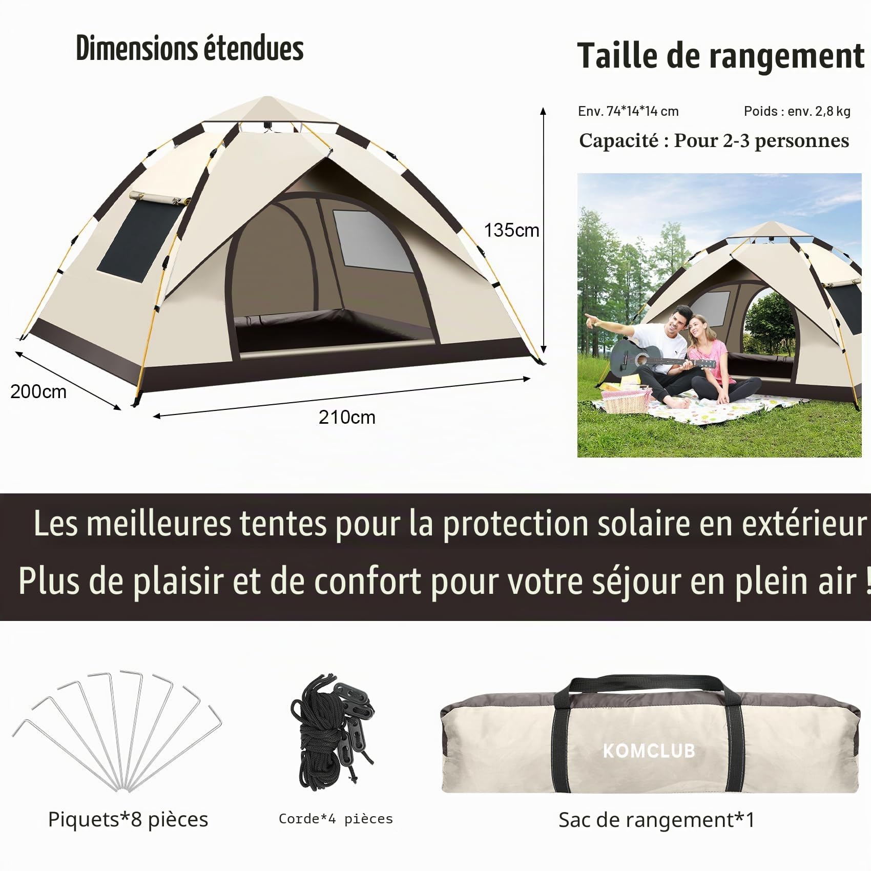 Tente de Camping Automatique et Légère - Douche, Protection UV, pour 1 à 2 Personnes - Parfaite pour la Plage, l'Extérieur, les Voyages, la Randonnée, la Chasse, la Pêche