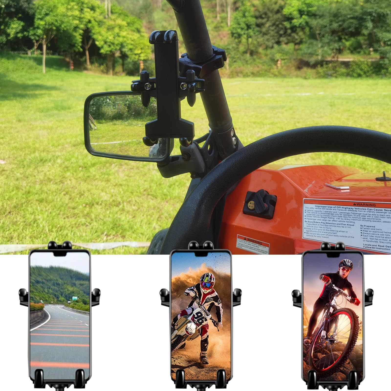 UTV Handyhalterung Aus Metall - 720° Drehbar, Für 1,5-2 Zoll Überrollbügel, Passt Für 4,7-7,2 Zoll Smartphones