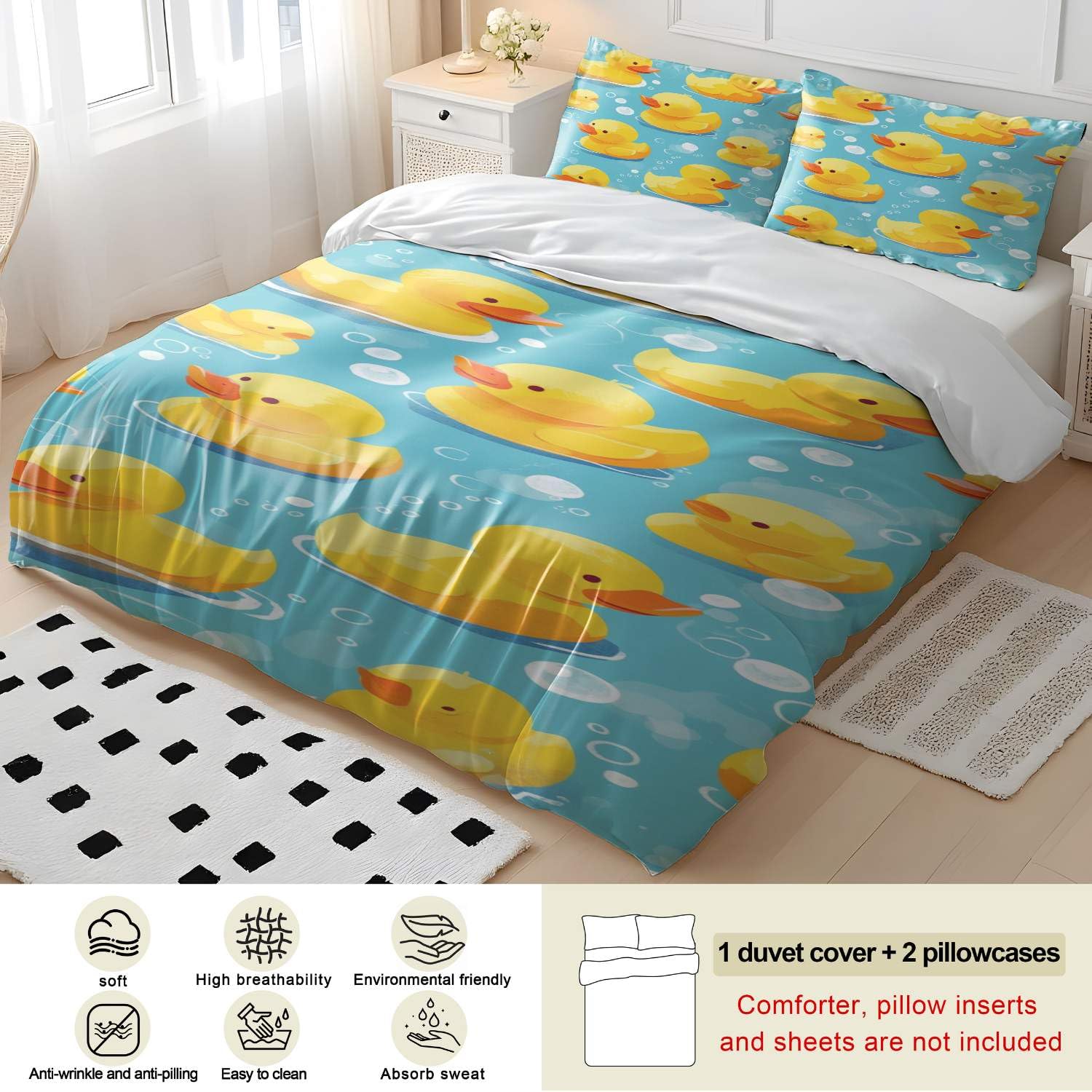 Juego de funda de edredón de pato de goma amarillo, tamaño King, juego de ropa de cama de estilo dibujos animados dibujados a mano, ropa de cama azul para cuna, decoración de habitación de niños
