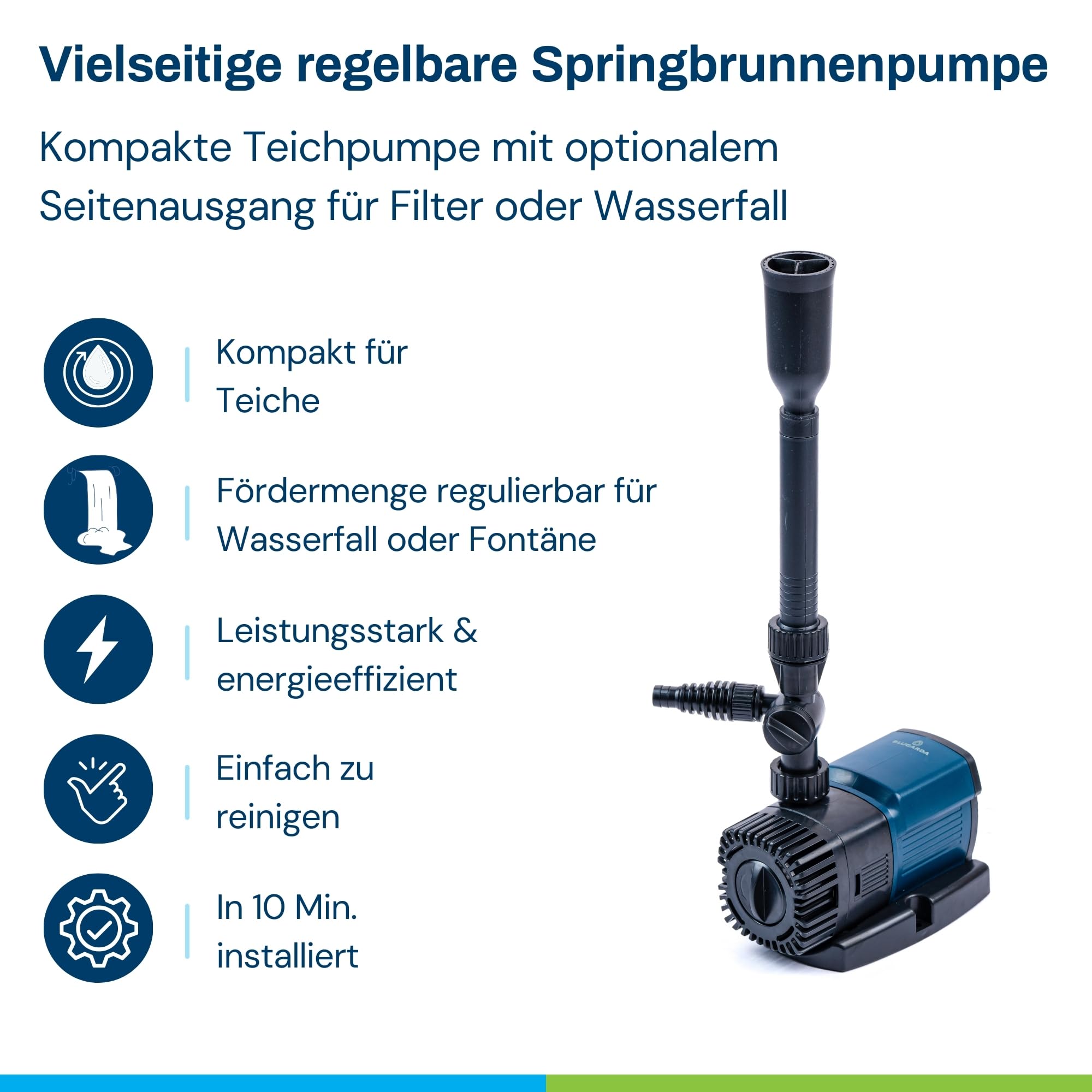 BluFlow Control - Regelbare Teichpumpe - Mit Springbrunnenset - Springbrunnenpumpe - Filterpumpe - 3.800 Liter pro Stunde - 25 Watt