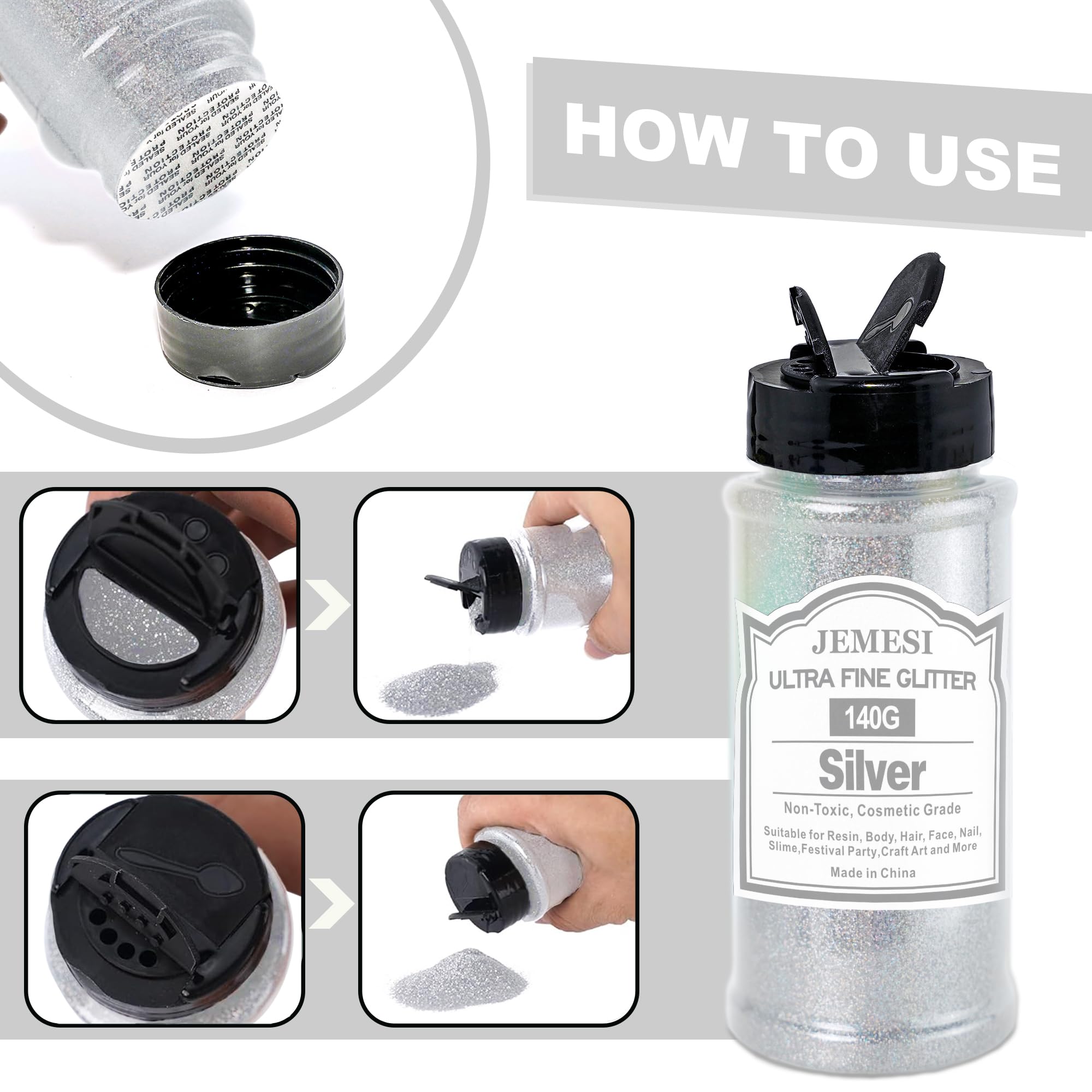 Glitter Olografici Ultrafini, Glitter Di Bellezza, Argento140g, Adatti Per Capelli, Viso, Corpo, Unghie e Trucco Natalizio. Adatti Anche Per Resina Epossidica, Vetro e Lavori Artigianali.