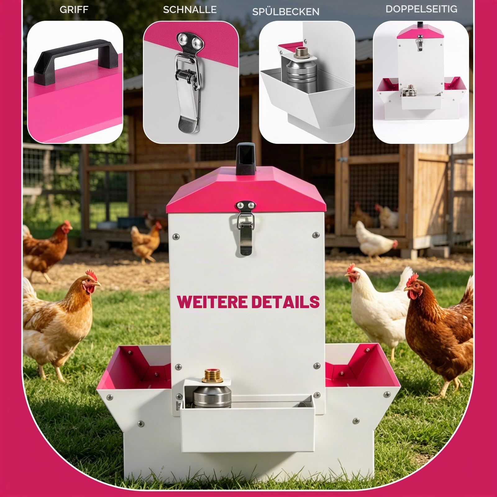 2in1 Geflügel Futter- & Wasserautomat, Metall Schwerkraft-Futterspender mit Tränke, Doppelseitiger Futtertrough für Hühner, Enten, Gänse, Tragbar mit Griff & Schloss