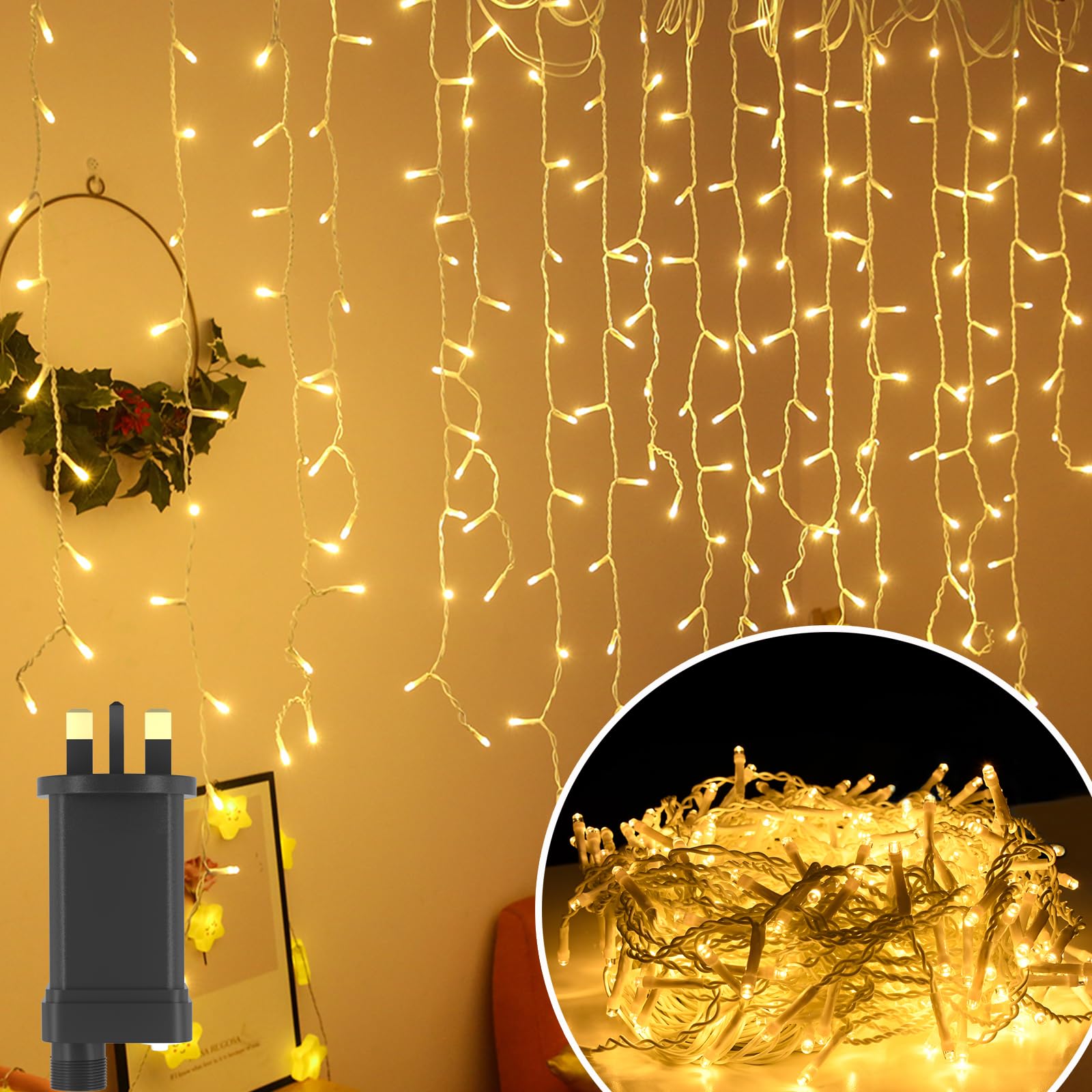 Yunvin Outdoor Icicle Lights String Lights 8 Modes 10M 400LED Warm White