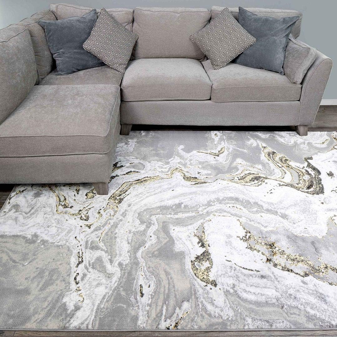Modern Designer Silver Grey Gold Marble Effect Area Rug Plush Anti Shed