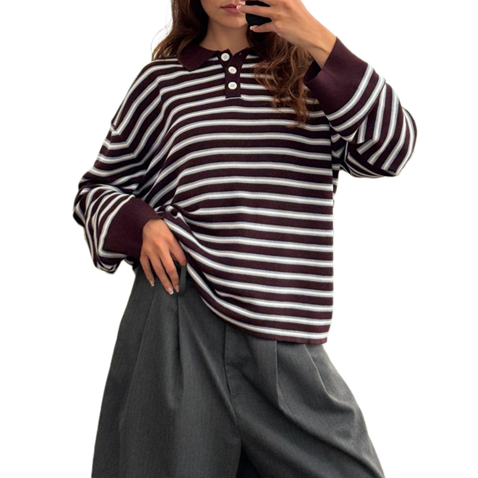 Bocymolay Women Striped Rugby Polo Shirt Button Collared Oversized Pullover Sweater Preppy Sweatshirt Knitwear