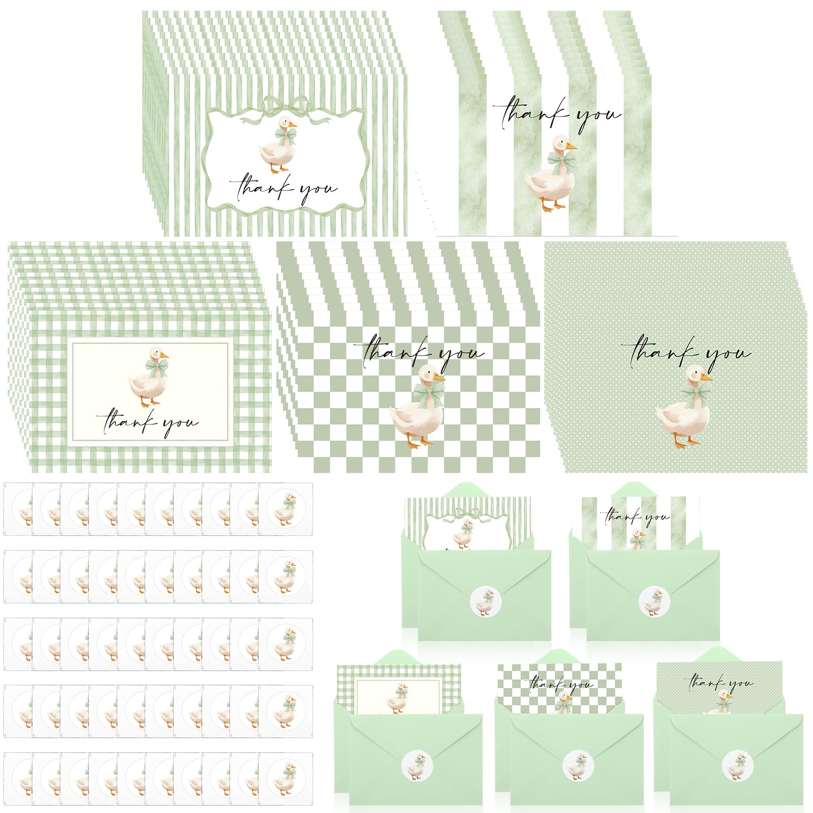 Sabary Tarjetas de agradecimiento de ganso verde con sobres y calcomanías, elegante diseño de lazo, 50 unidades de 4 x 6 pulgadas, lazos de acuarela en blanco, tarjeta de felicitación para despedida