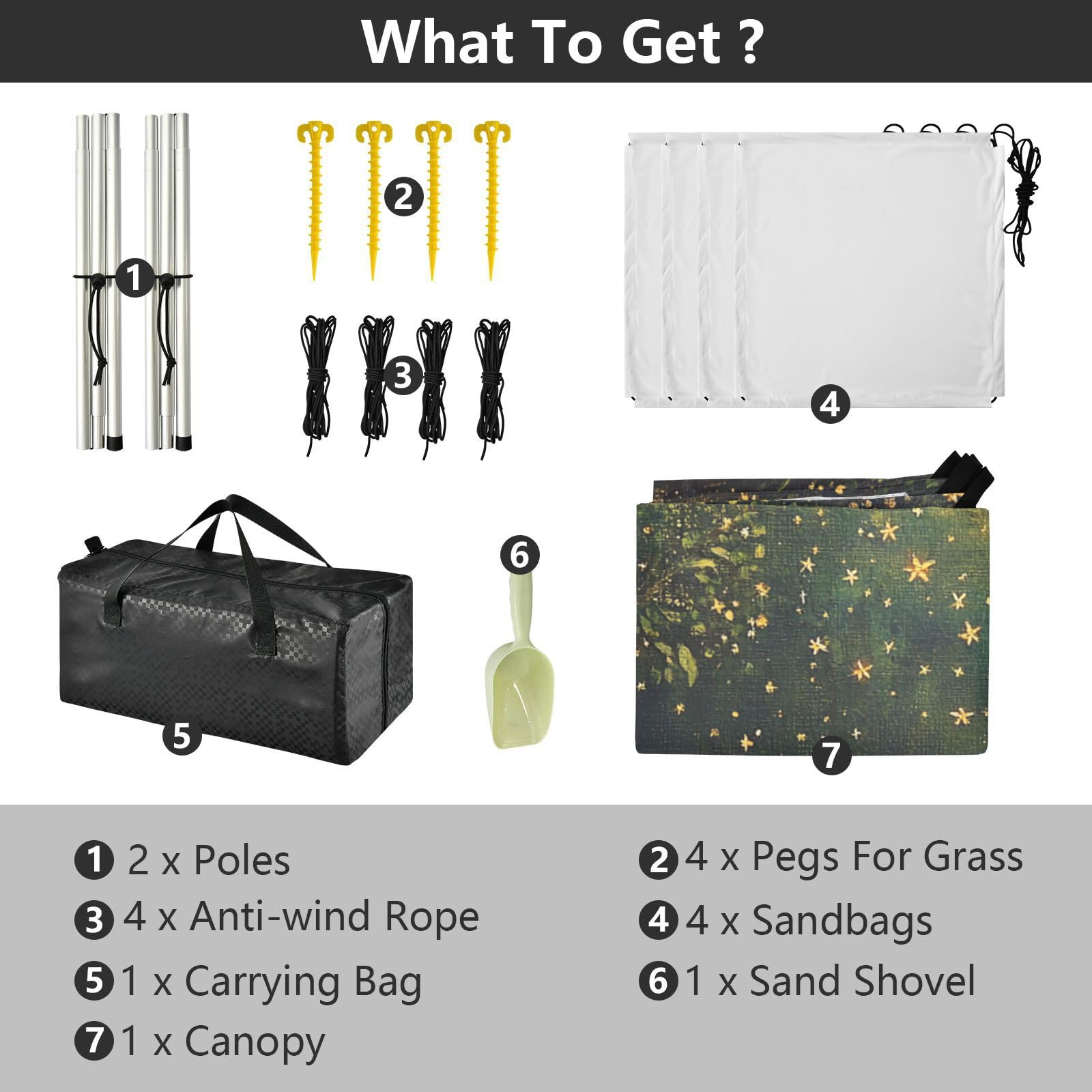 Grand pare-soleil léger UPF50 avec pelle à sable, sacs de sable pour camping, pique-niques, jardin et pêche