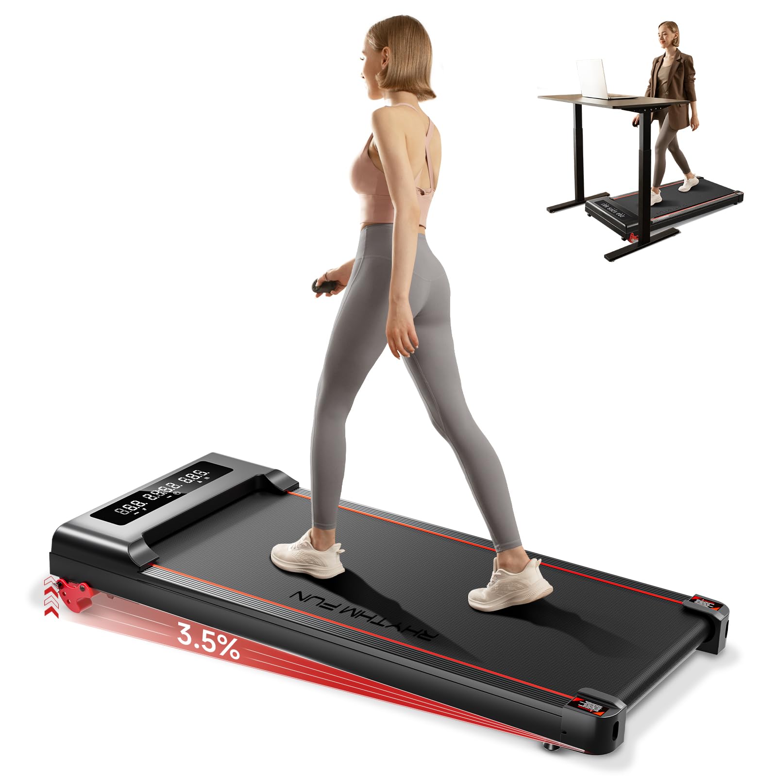 RHYTHM FUN Incline Walking Pad Treadmill, Walking Pad with Incline, 300 Lbs Under Desk Treadmill with Incline, Portable Treadmills for Home Office, Small Treadmill with Remote Control, LED Display