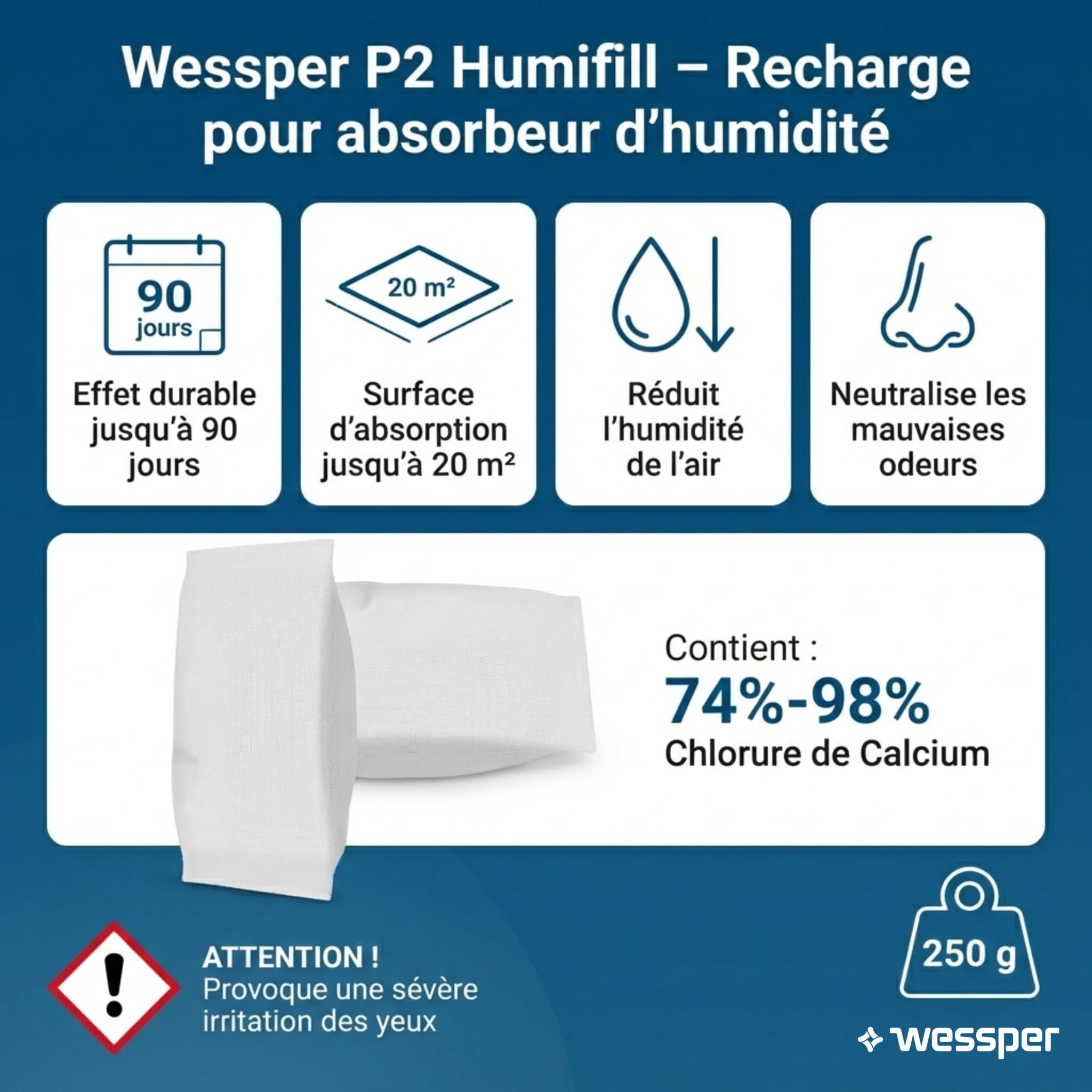 Wessper Lot de 10 Recharges Absorbeur d'Humidité 250g. Sachets Universels Compatibles Tous Modèles. Contre l'Humidité, la Condensation, la Moisissure et les Odeurs. Idéal Salle de Bain, Cave, Armoire