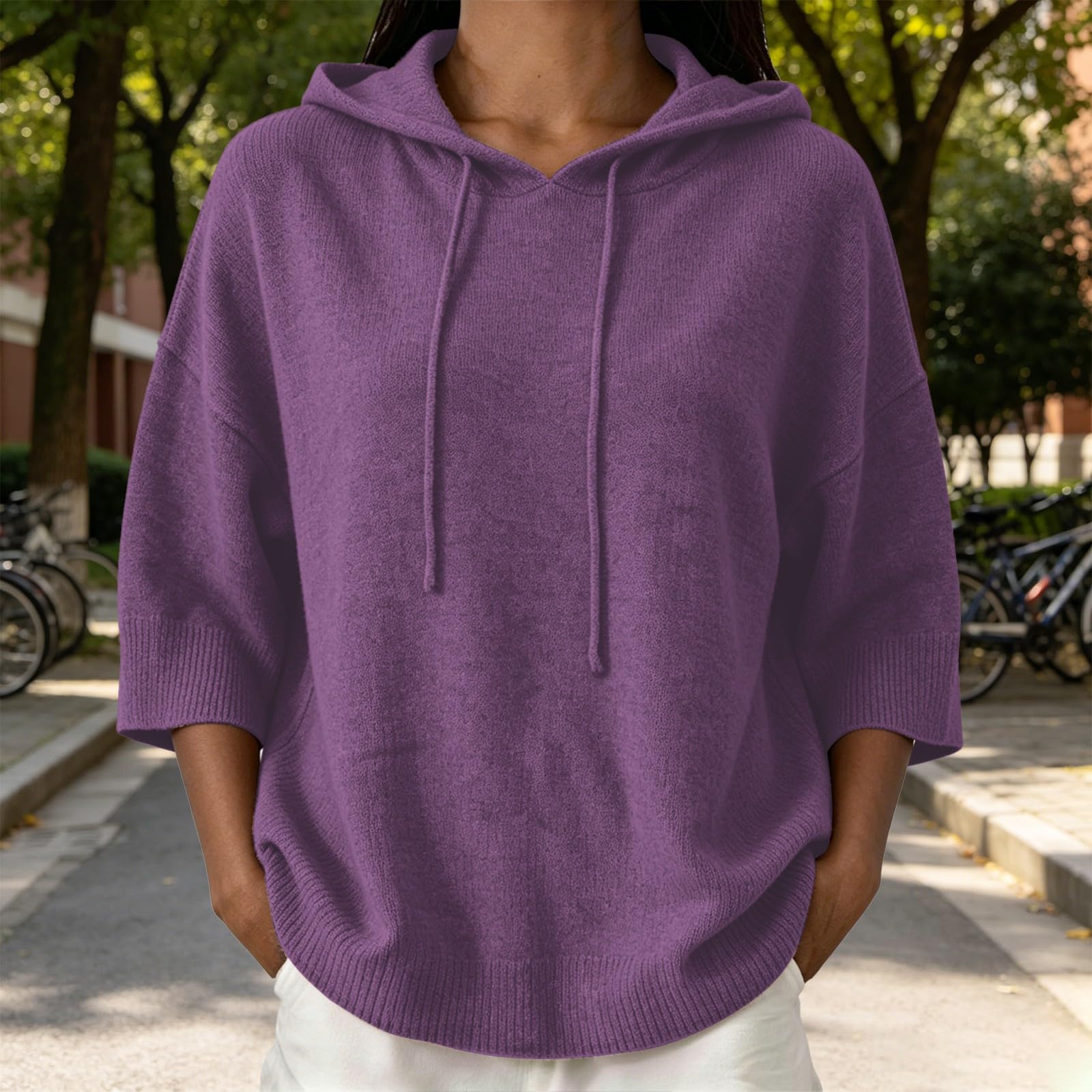 Generisch Felpa oversize da donna, invernale, casual, a maniche lunghe, a 3/4, con cappuccio, tinta unita, alla moda, traspirante, per leggings