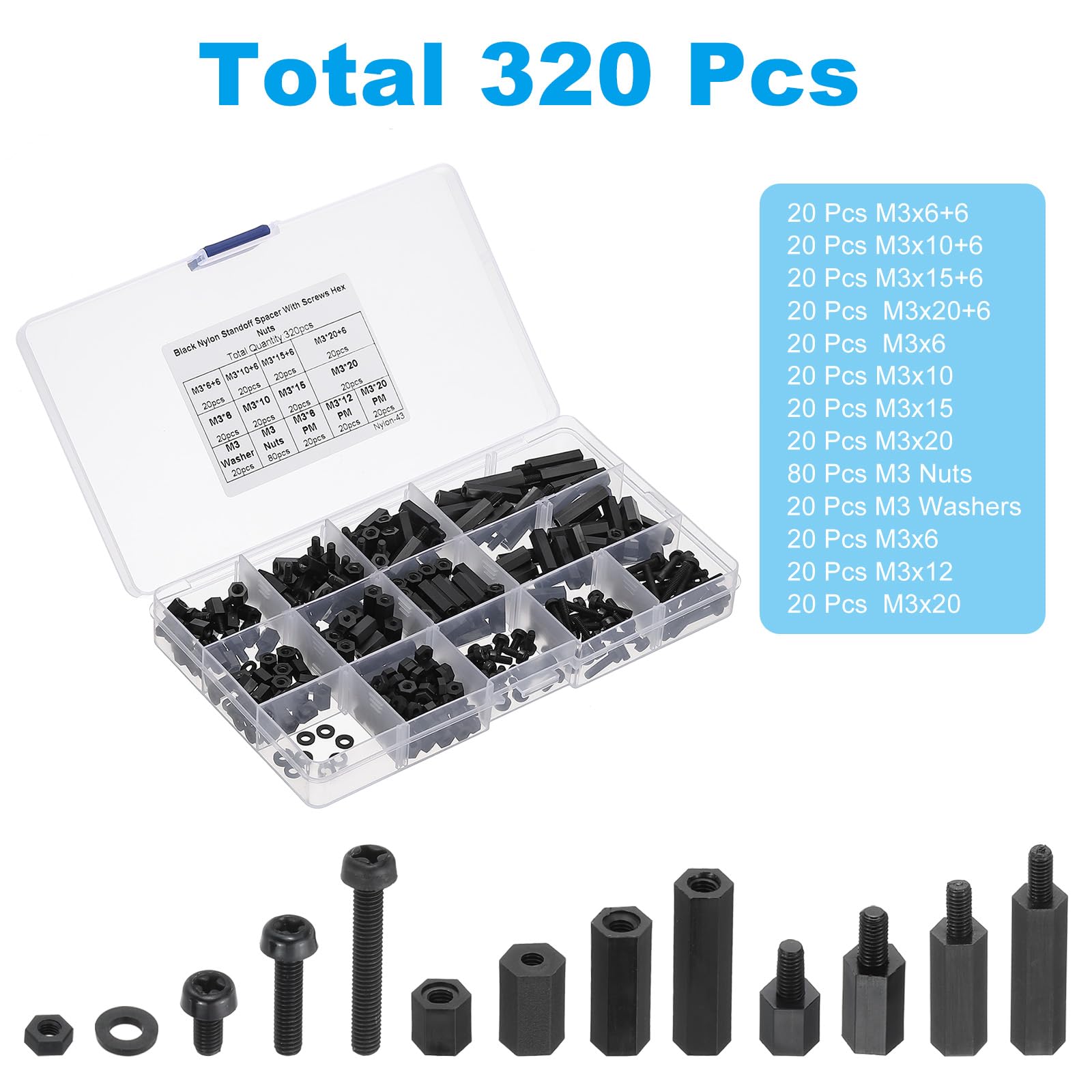 PATIKIL M3 Male Female Nylon Hex Spacer Standoff Kit, 320Pcs Motherboard Standoffs Assortment Kit, Electrical Outlet Spacers - Image 2