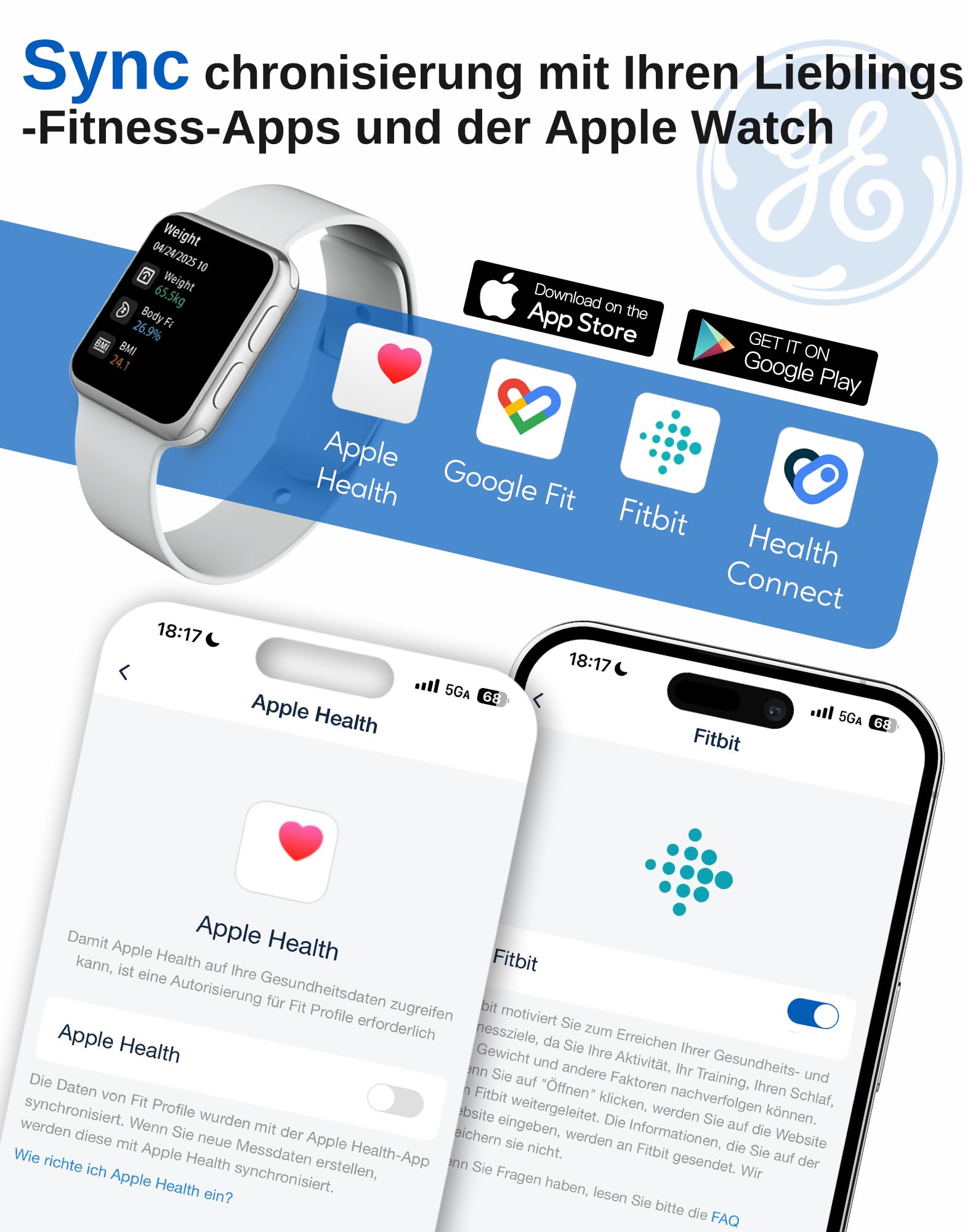 GE Bilancia pesapersone digitale con grasso corporeo BMI, bilancia intelligente per grasso corporeo, 180 kg | Ampio display, alta precisione, bilancia digitale per analisi corporea Bluetooth. ge
