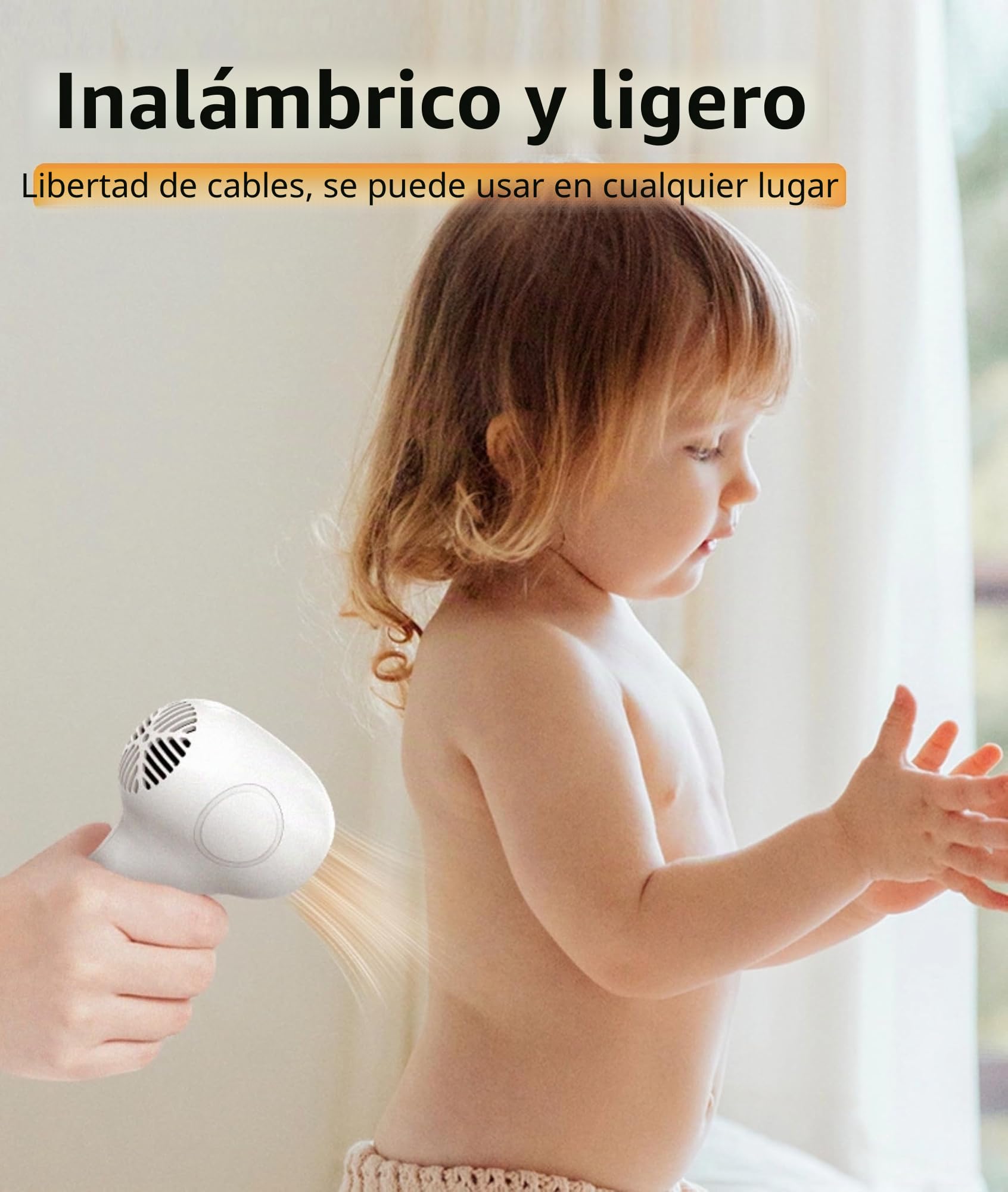 Secador de Pelo para bebé, bajo Nivel de Ruido, Calor Suave para Bebés Pequeños, Secador de Pelo Inalámbrico Recargable de Temperatura Constante de 2 Velocidades, Secador de