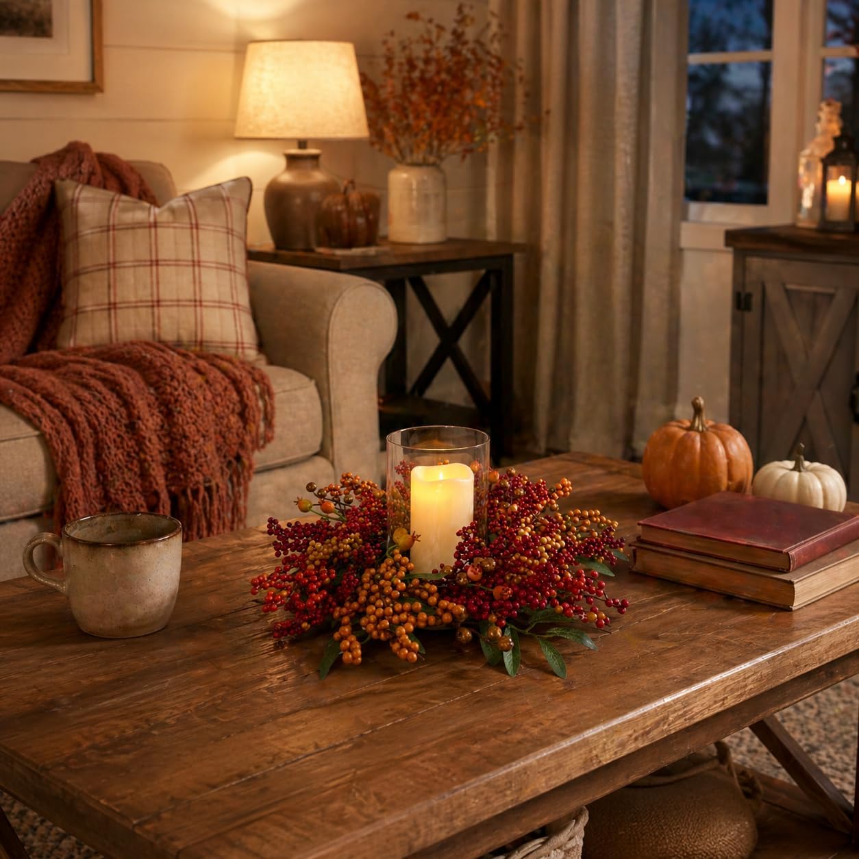 15" Fall Berry Candle Ring Centerpiece with Glass Hurricane Holder