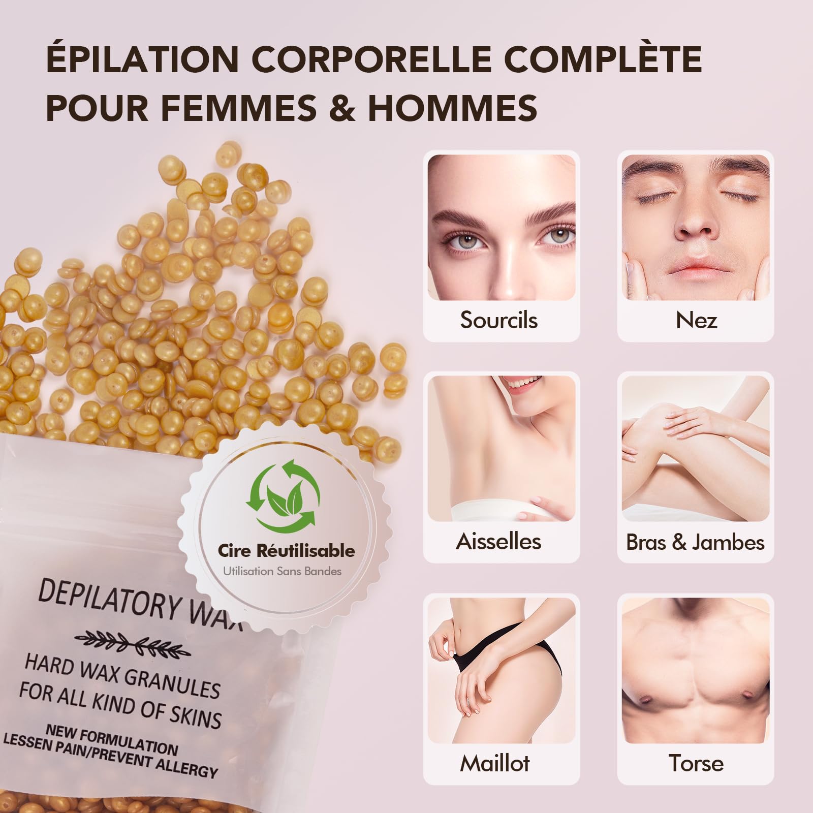 Kit Chauffe Cire Epilation avec Machine à cire | 500 g Cire | 30 Applicateurs | Pot en Silicone, Kit d'Épilation Complète du Corps et Visage à Domicile pour Femme & Homme