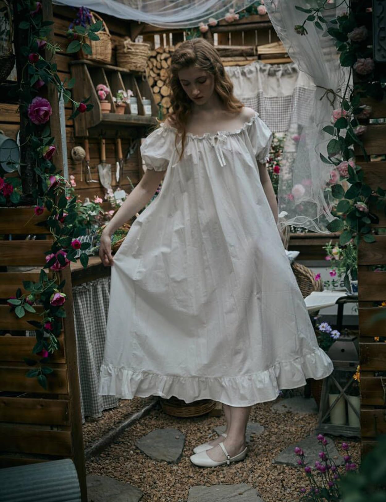 BEAUTELICATE Nachthemd Damen Baumwolle Kurzarm Viktorianisch Lang Nachtkleid Vintage Sommer Nachtwäsche Schlafanzug Elfenbein
