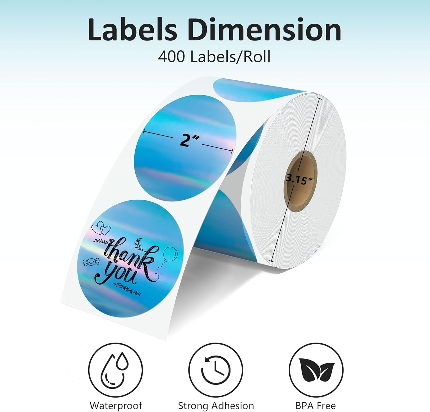 JOYIT 2'' Blue Holographic Thermal Labels - 400pcs Round Thermal Printer Labels, Waterproof Thermal Printer Stickers for Logo Design, Name/Price Tag, Thanks Card, Address, QR Code, 400 Labels(Blue) - Image 2