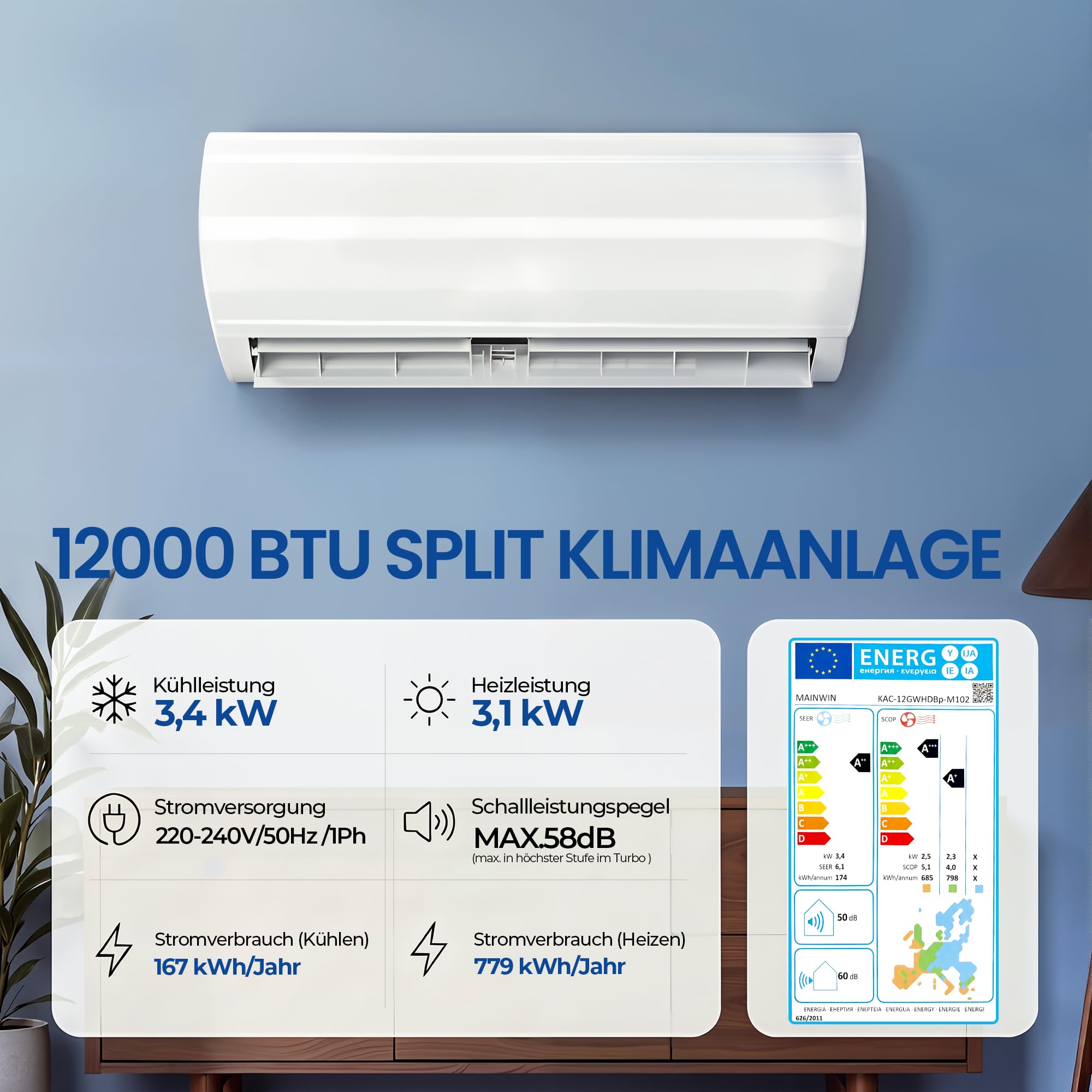 TRIUMPHKEY Split Klimaanlage 12000 BTU 3,5 kW Inverter A++ R32 bis 45 m²