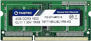Timetec 4GB DDR3L / DDR3 1600MHz PC3L-12800 / PC3-12800 Non-ECC Unbuffered 1.35V / 1.5V CL11 1Rx8 Single Rank 204 Pin SODIMM Laptop Notebook PC Computer Memory RAM Module Upgrade (4GB)