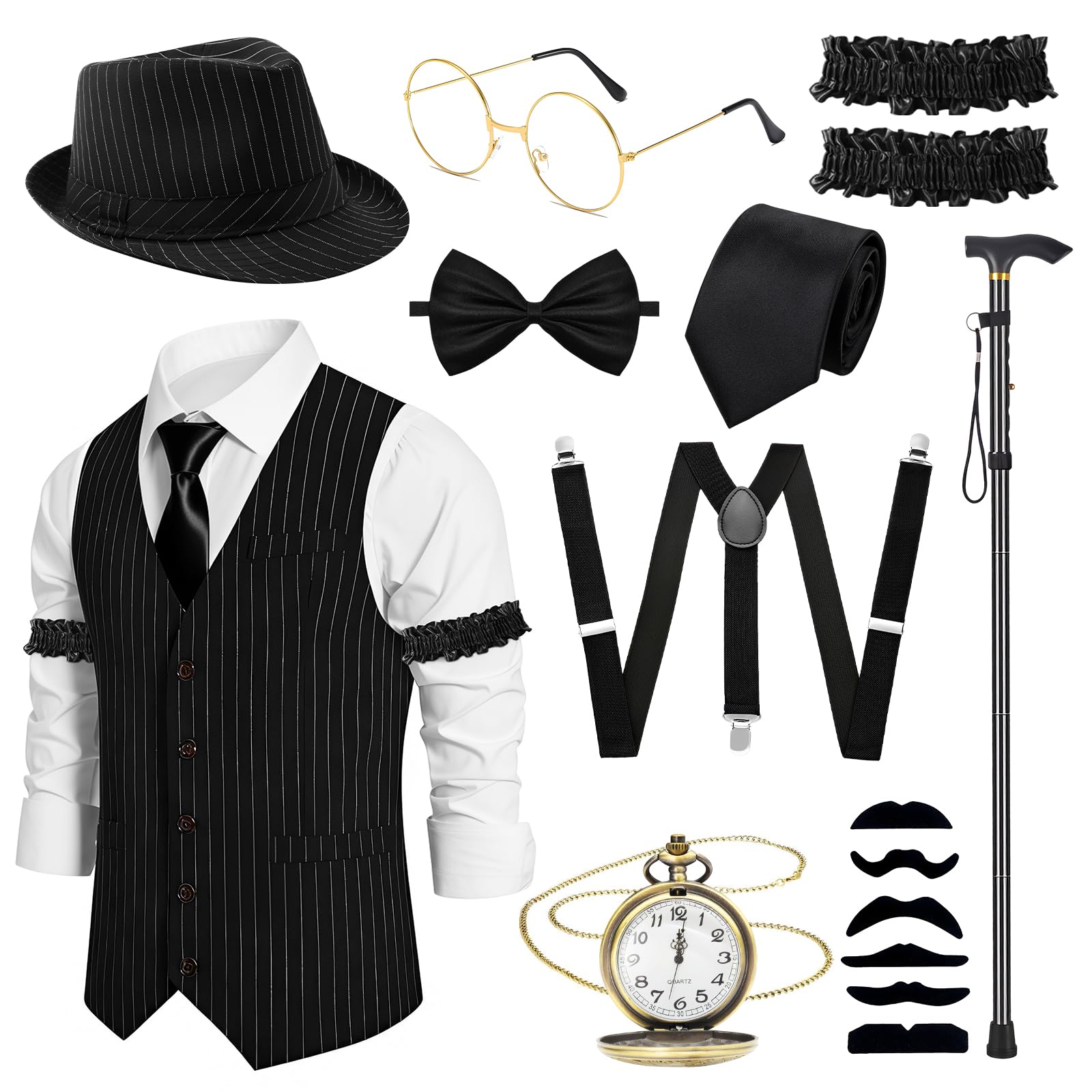 Oerphh 16PCS 1920s Mens Vintage Costume Set Roaring Twenties Gangster Outfit Waistcoat With Flat Cap Braces Walking Stick For Adults Theme Parties Fancy Dress Kit Carnival Costume(black, XXL)