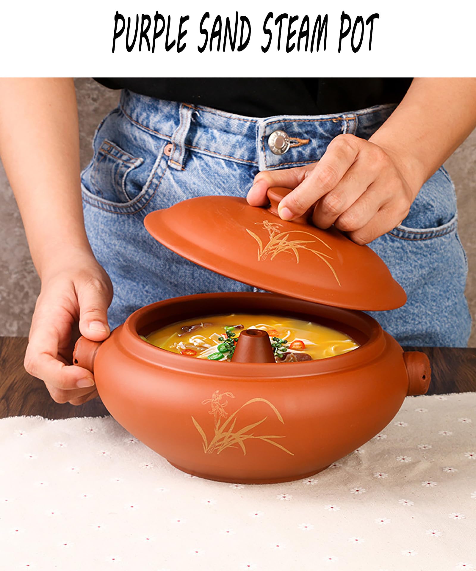 Cocotte ceramiczna fioletowa glina z uchwytem, zupa parowa