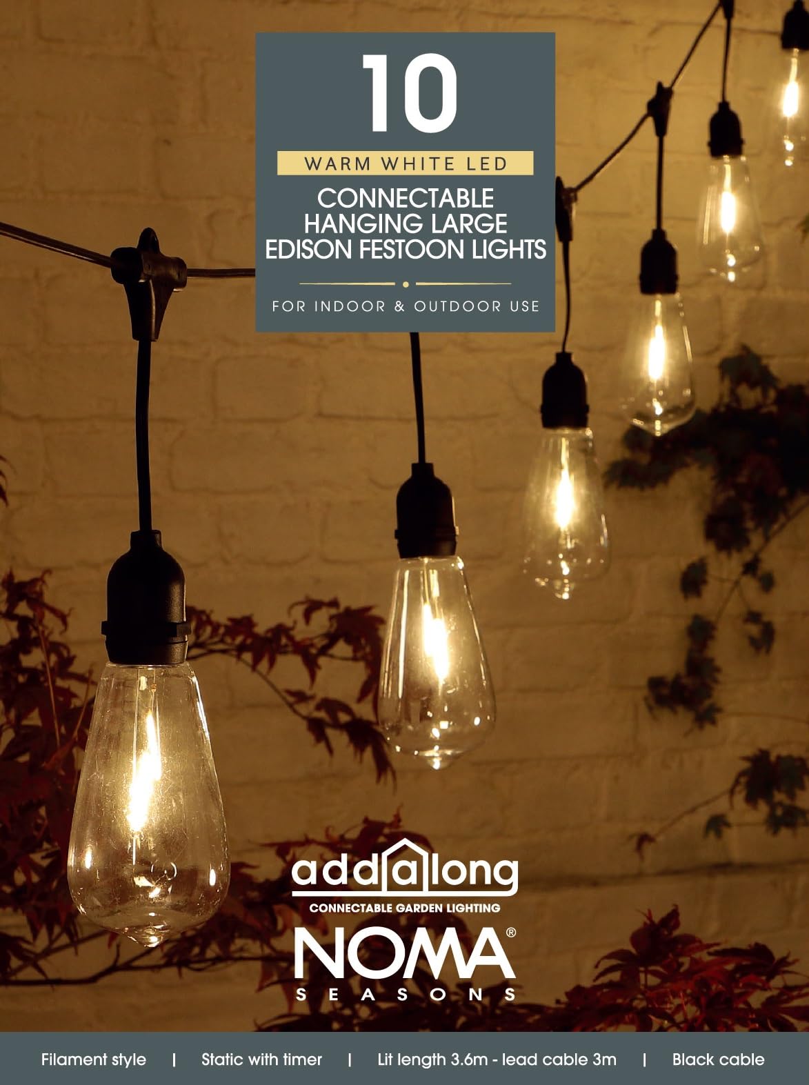 Noma Connectable Edison Drop Festoon Garden Lights, 10 Large Warm White LED's, 6.8 m